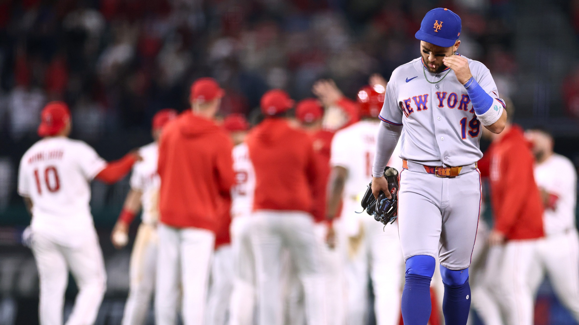 Bo Bichette #19 of the New York Mets reacts as he walks off the field after a game winning single from Oswald Peraza #2 of the Los Angeles Angels during a 4-3 win at Angel Stadium of Anaheim on May 02, 2026 in Anaheim, California. (Photo by Harry How/Getty Images)