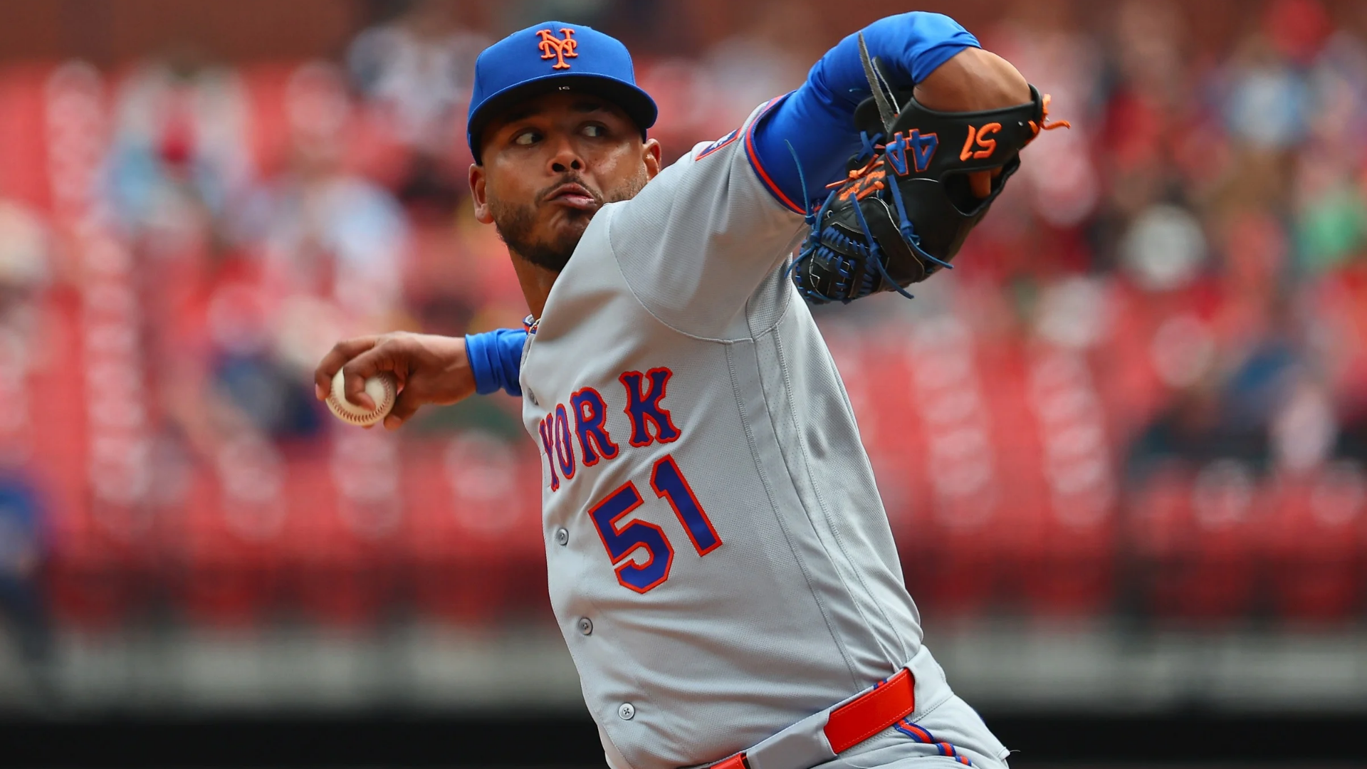 Freddy Peralta #51 of the New York Mets delivers a pitch against the St. Louis Cardinals in the first inning at Busch Stadium on April 1, 2026 in St Louis, Missouri. (Photo by Dilip Vishwanat/Getty Images)