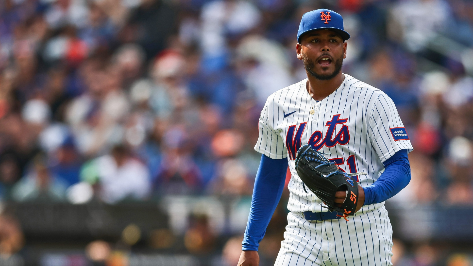 Freddy Peralta #51 of the New York Mets reacts after pitching in the fourth inning against the Pittsburgh Pirates on Opening Day at Citi Field on March 26, 2026 in the Queens borough of New York City. (Photo by Ishika Samant/Getty Images)