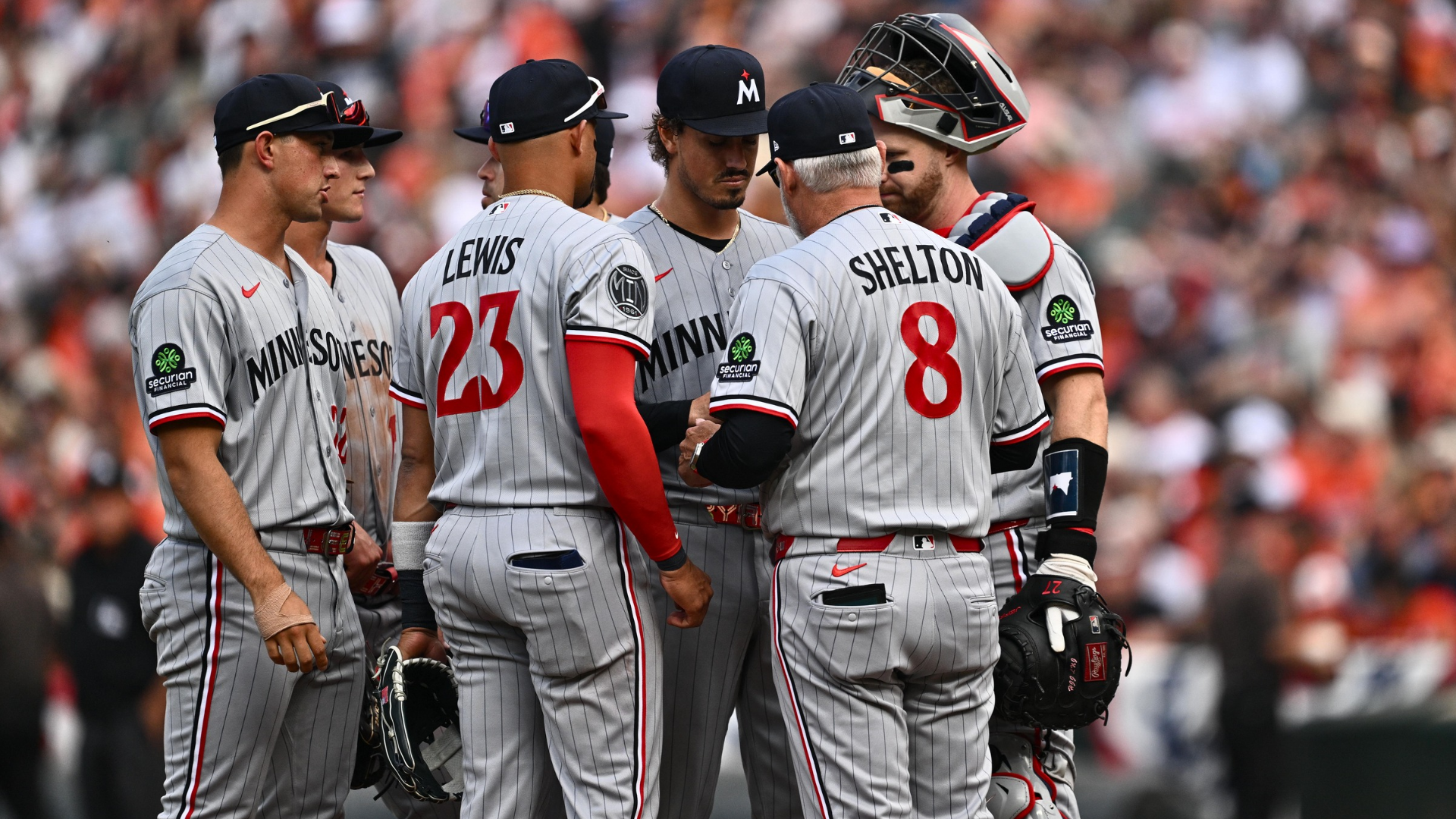 Manager Derek Shelton #8 of the Minnesota Twins pulls starting pitcher Joe Ryan #41 in the sixth inning against the Baltimore Orioles on Opening Day at Oriole Park at Camden Yards on March 26, 2026 in Baltimore, Maryland. (Photo by Jamie Sabau/Getty Images)