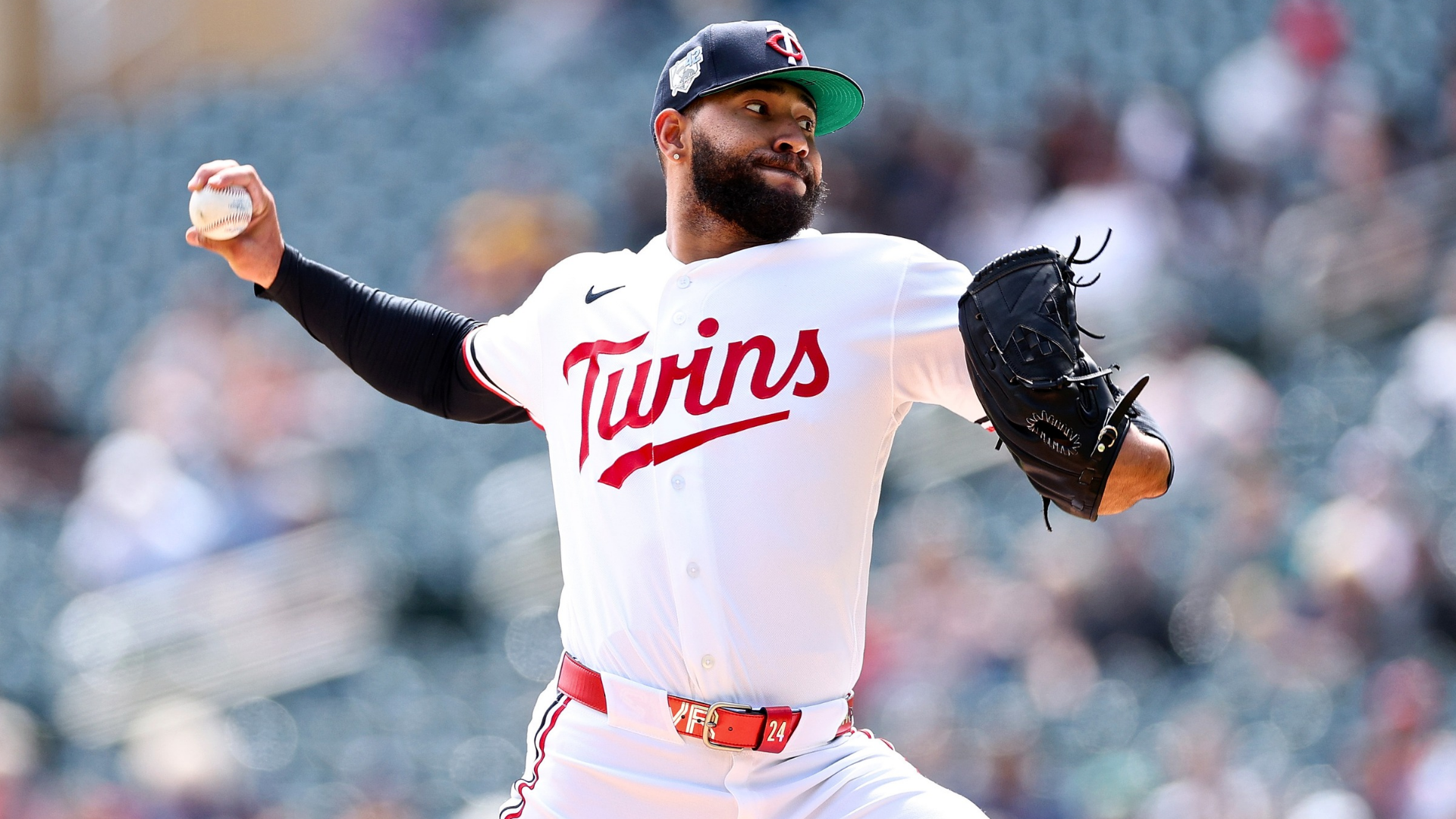 Simeon Woods Richardson #24 of the Minnesota Twins delivers a pitch against the Boston Red Sox in the first inning at Target Field on April 15, 2026 in Minneapolis, Minnesota. All players are wearing the number 42 in honor of Jackie Robinson Day. (Photo by David Berding/Getty Images)