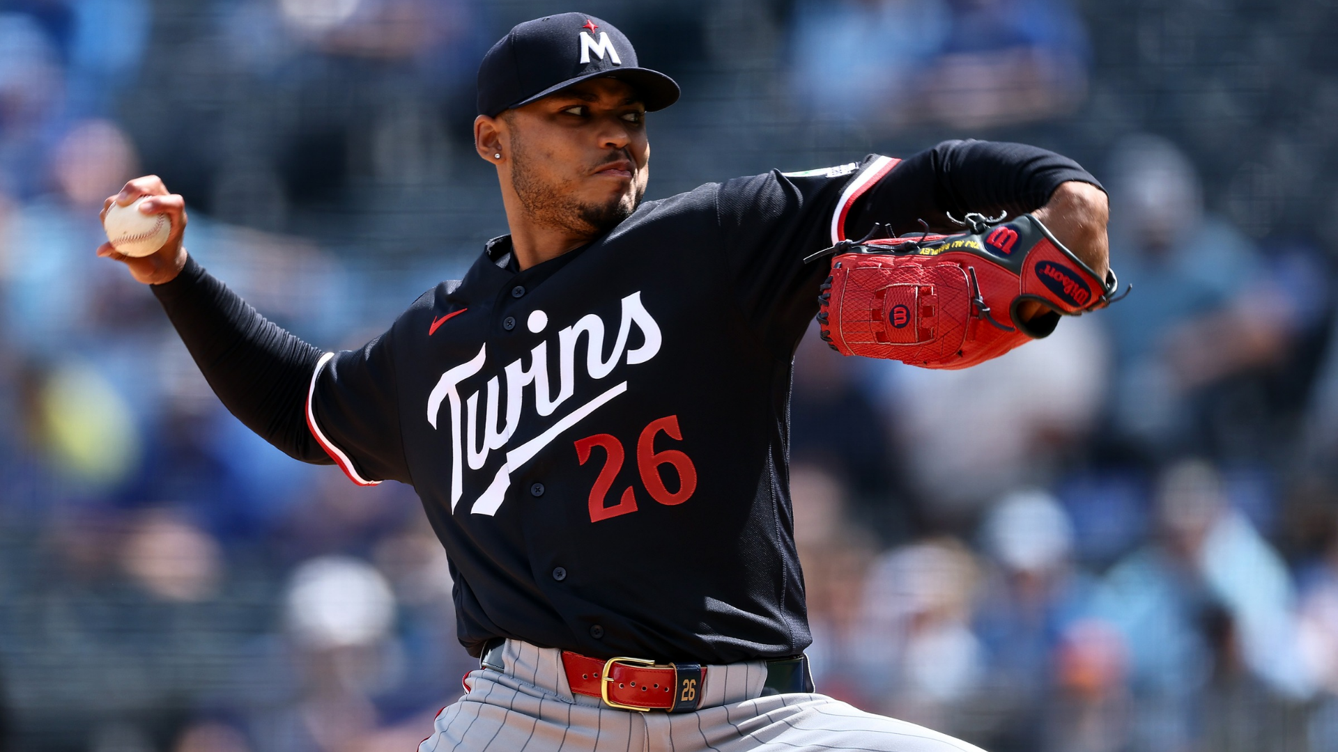 Starting pitcher Taj Bradley #26 of the Minnesota Twins pitches during the 1st inning of the game against the Kansas City Royals at Kauffman Stadium on April 02, 2026 in Kansas City, Missouri. (Photo by Jamie Squire/Getty Images)