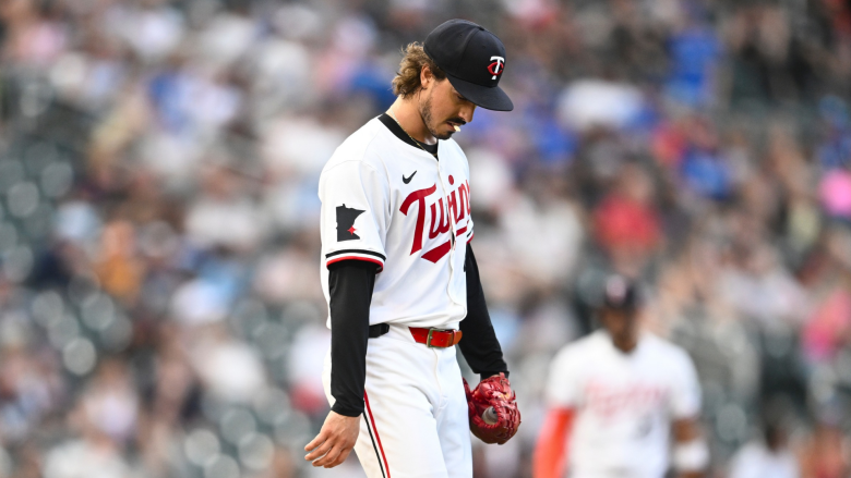 Joe Ryan #41 of the Minnesota Twins reacts after giving up a home run to Shea Langeliers #23 of the Athletics in the third inning of the game at Target Field on August 19, 2025 in Minneapolis, Minnesota. (Photo by Stephen Maturen/Getty Images)