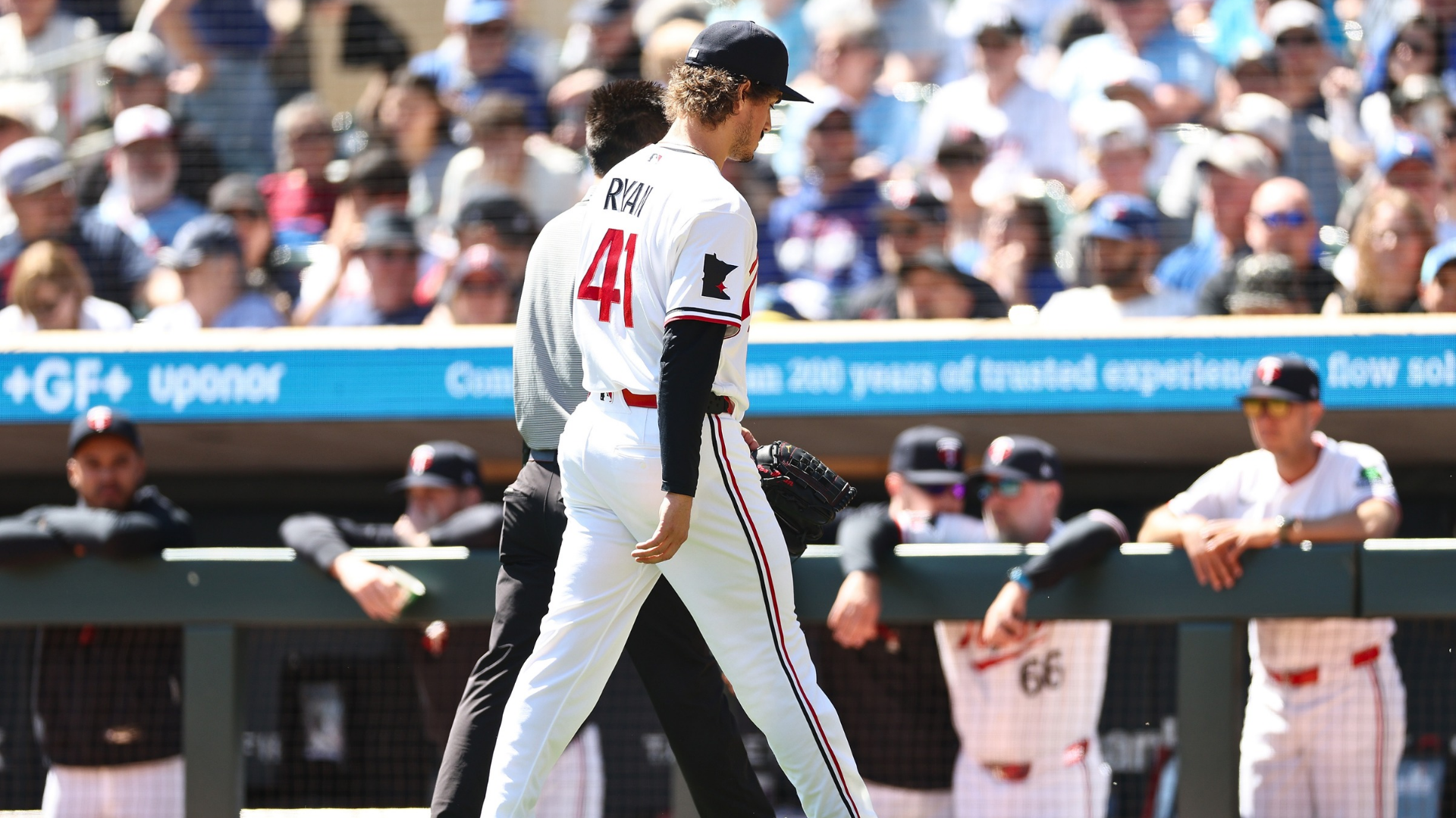 Joe Ryan #41 of the Minnesota Twins leaves the game with an apparent injury against the Toronto Blue Jays in the first inning at Target Field on May 03, 2026 in Minneapolis, Minnesota. (Photo by David Berding/Getty Images)