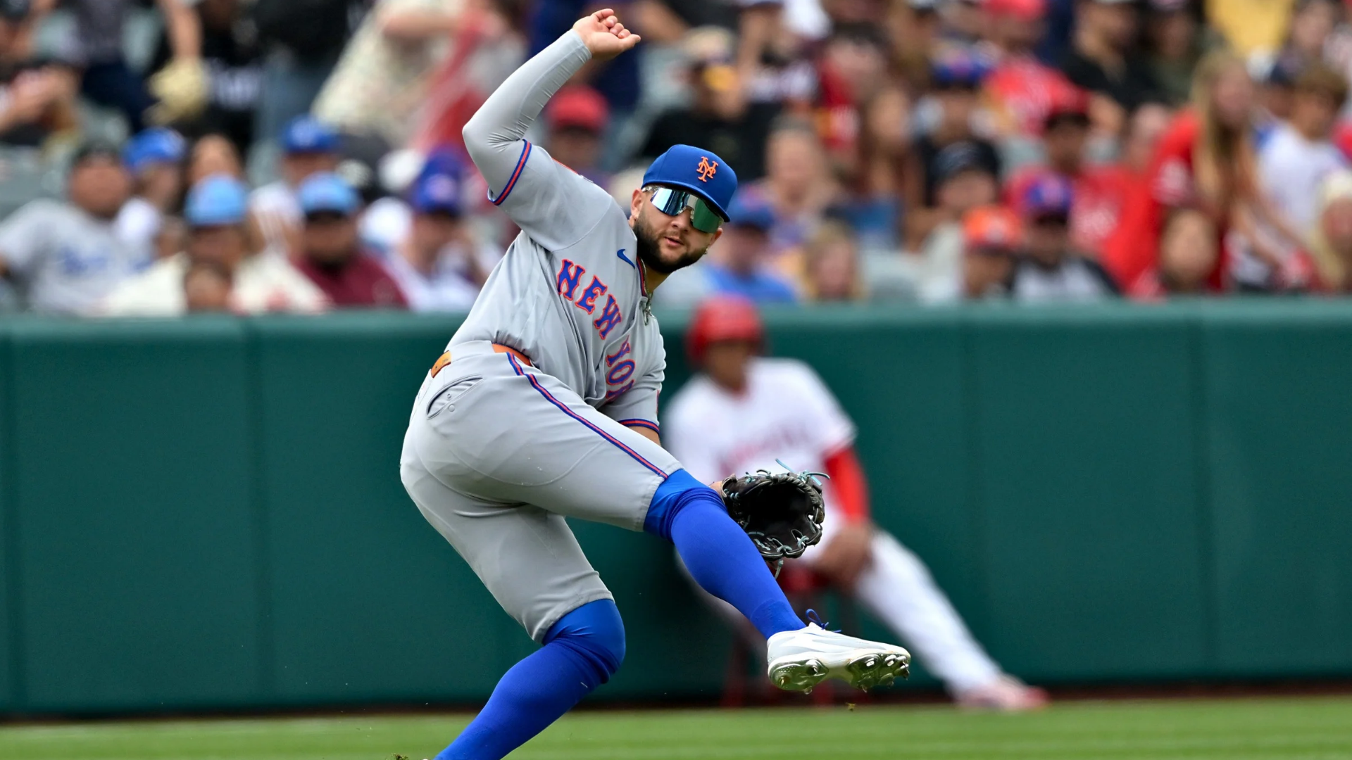 Bo Bichette #19 of the New York Mets throws Nolan Schanuel #18 of the Los Angeles Angels out at first base in the seventh inning at Angel Stadium of Anaheim on May 3, 2026 in Anaheim, California. (Photo by Jayne Kamin-Oncea/Getty Images)