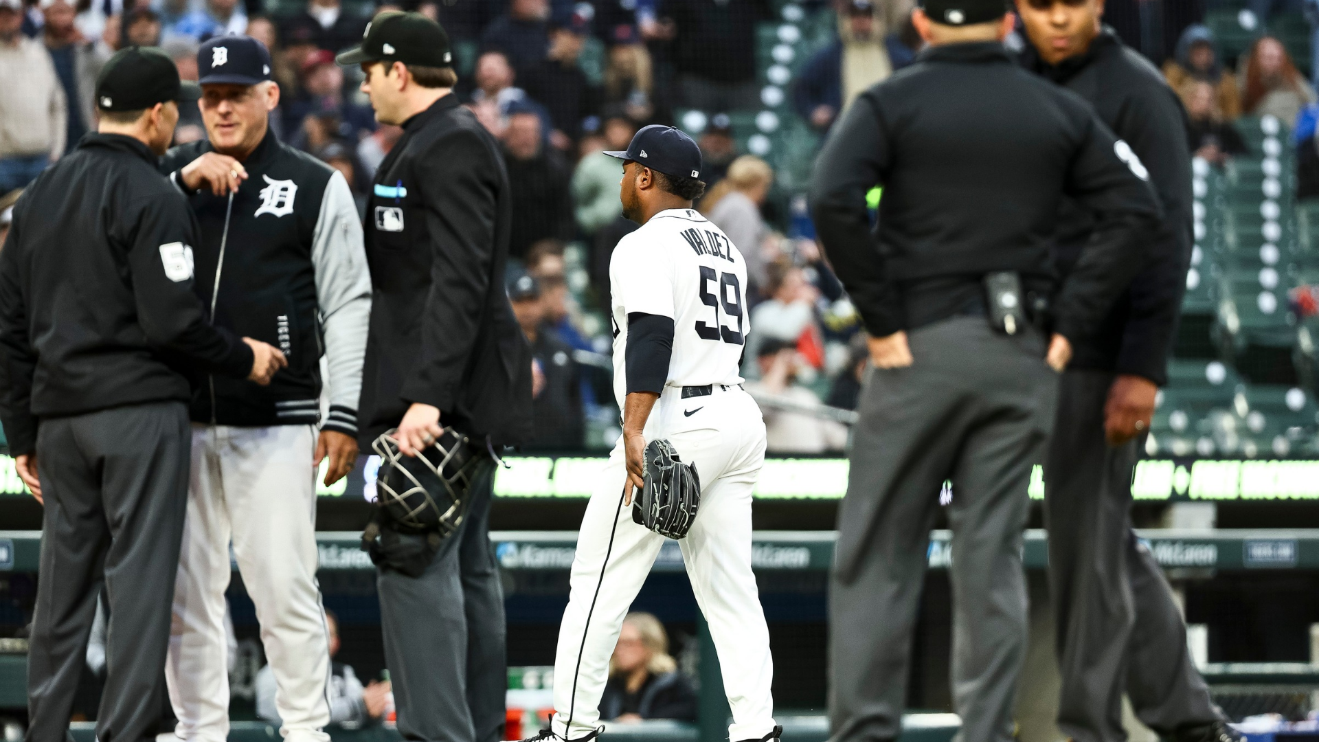 Framber Valdez #59 of the Detroit Tigers walks to the clubhouse after being ejected from the game during the fourth inning of the game against the Boston Red Sox at Comerica Park on May 05, 2026 in Detroit, Michigan. (Photo by Mike Mulholland/Getty Images)