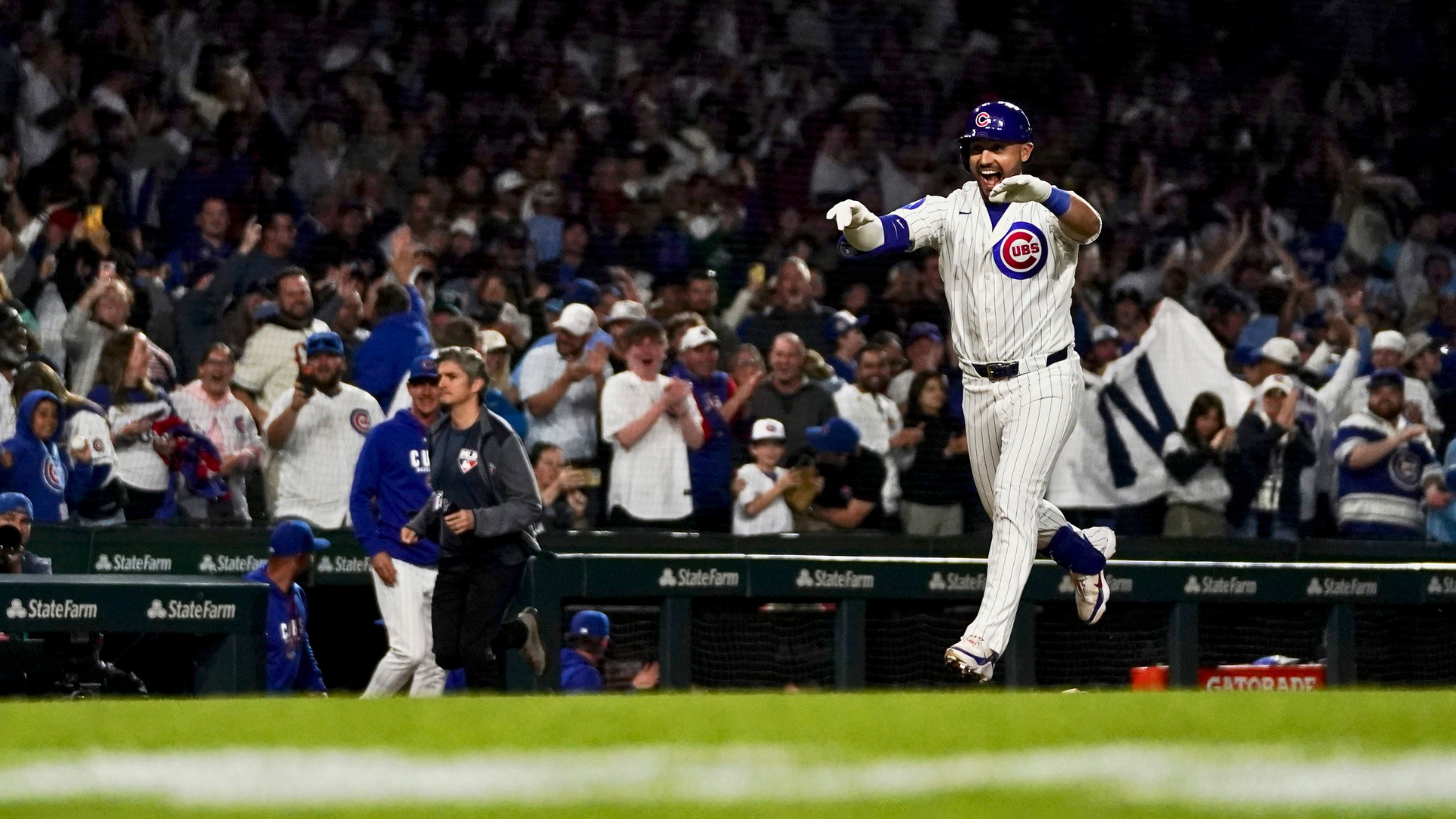 Michael Conforto #20 of the Chicago Cubs celebrates after hitting a walk-off home run in the ninth inning against the Cincinnati Reds at Wrigley Field on May 04, 2026 in Chicago, Illinois. (Photo by Sage Zipeto/Getty Images)