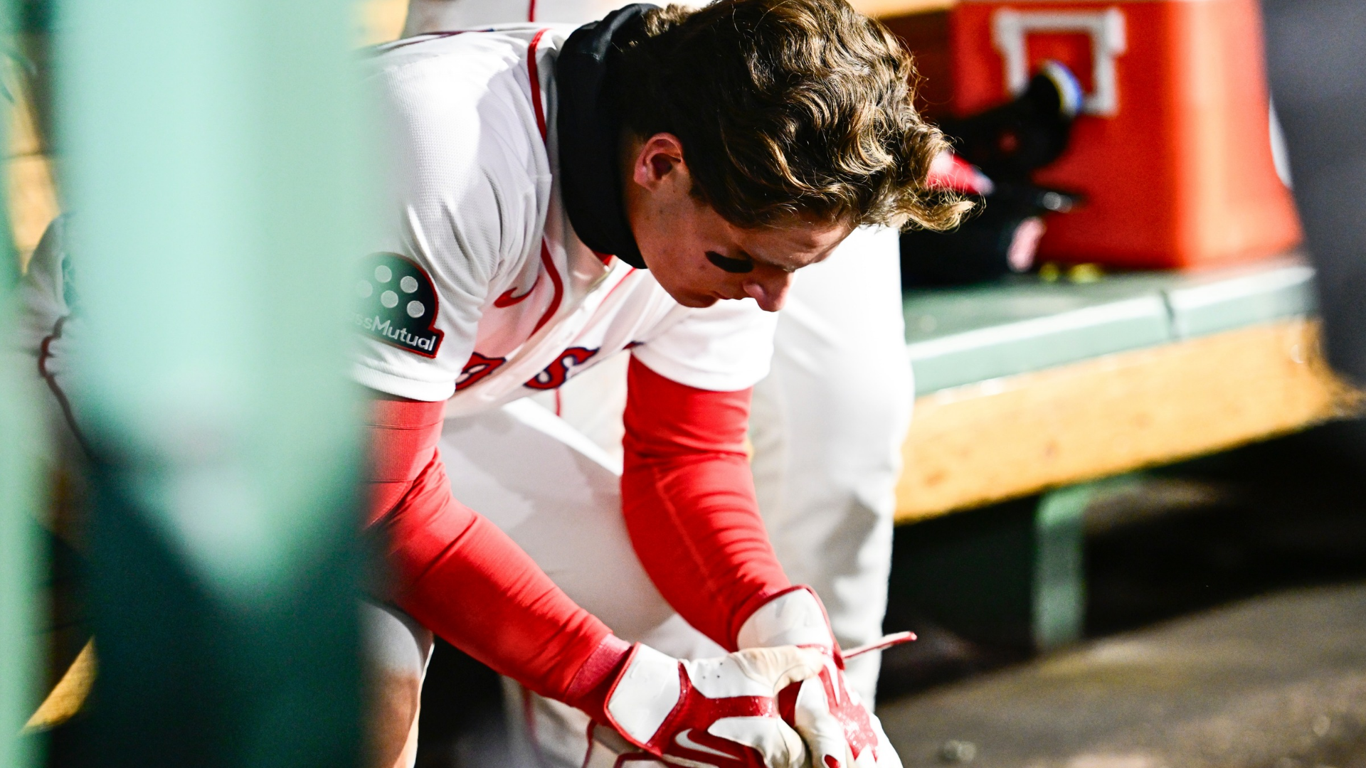 Roman Anthony #19 of the Boston Red Sox sits in the dugout after an 8-6 loss against the Milwaukee Brewers at Fenway Park on April 06, 2026 in Boston, Massachusetts. (Photo by Jaiden Tripi/Getty Images)