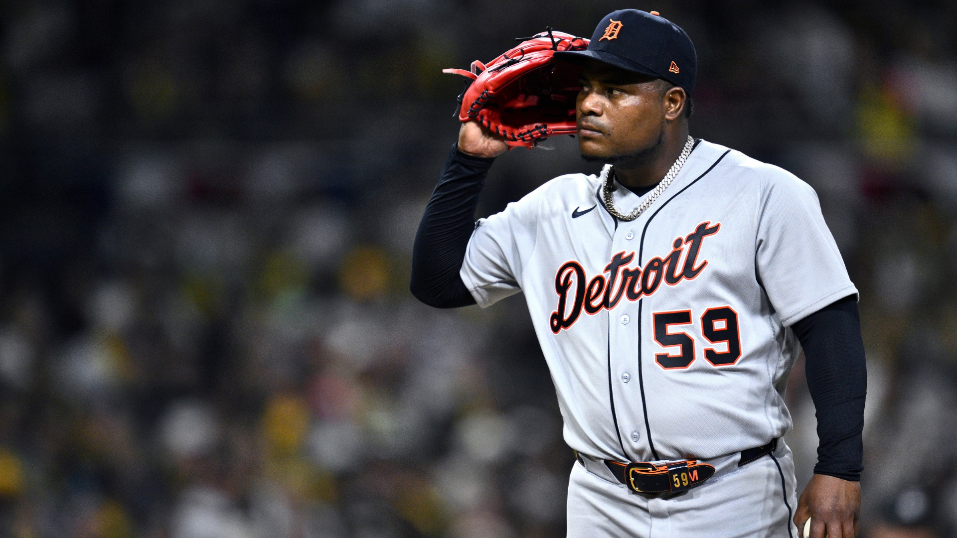 Framber Valdez #59 of the Detroit Tigers looks on during the sixth inning against the San Diego Padres at Petco Park on March 27, 2026 in San Diego, California. (Photo by Orlando Ramirez/Getty Images)
