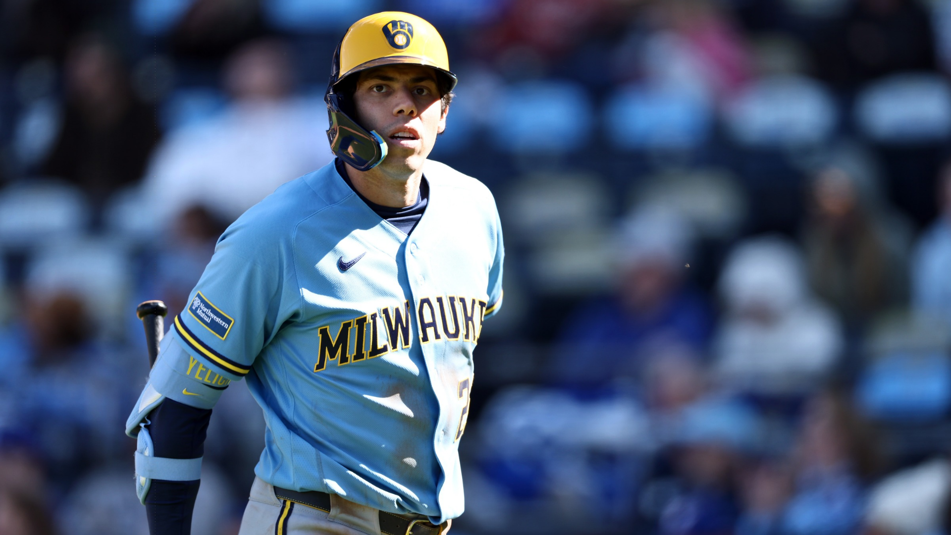 Christian Yelich #22 of the Milwaukee Brewers walks to the dugout during game one of a doubleheader against the Kansas City Royals at Kauffman Stadium on April 04, 2026 in Kansas City, Missouri. (Photo by Jamie Squire/Getty Images)