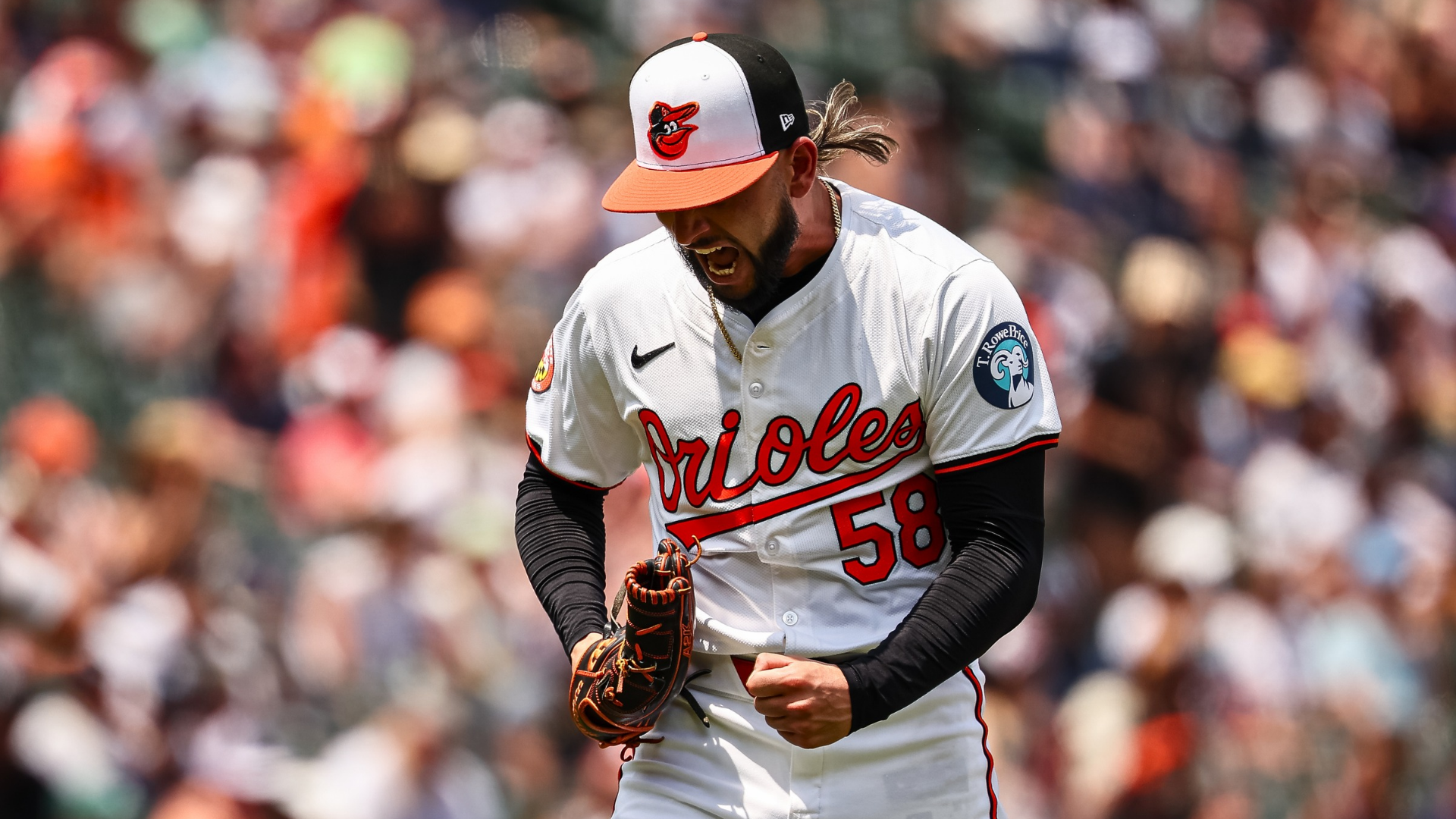 Cionel P&eacute;rez #58 of the Baltimore Orioles reacts after striking out Oswaldo Cabrera #95 of the New York Yankees during the sixth inning at Oriole Park at Camden Yards on July 14, 2024 in Baltimore, Maryland. (Photo by Scott Taetsch/Getty Images)