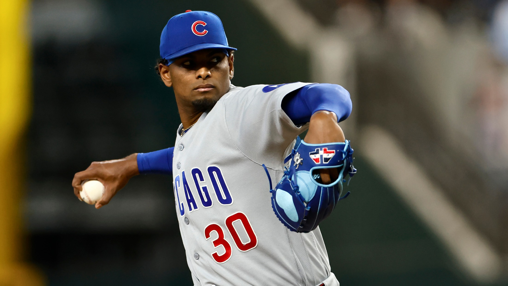 Edward Cabrera #30 of the Chicago Cubs pitches against the Texas Rangers during the first inning at Globe Life Field on May 9, 2026 in Arlington, Texas. (Photo by Ron Jenkins/Getty Images)