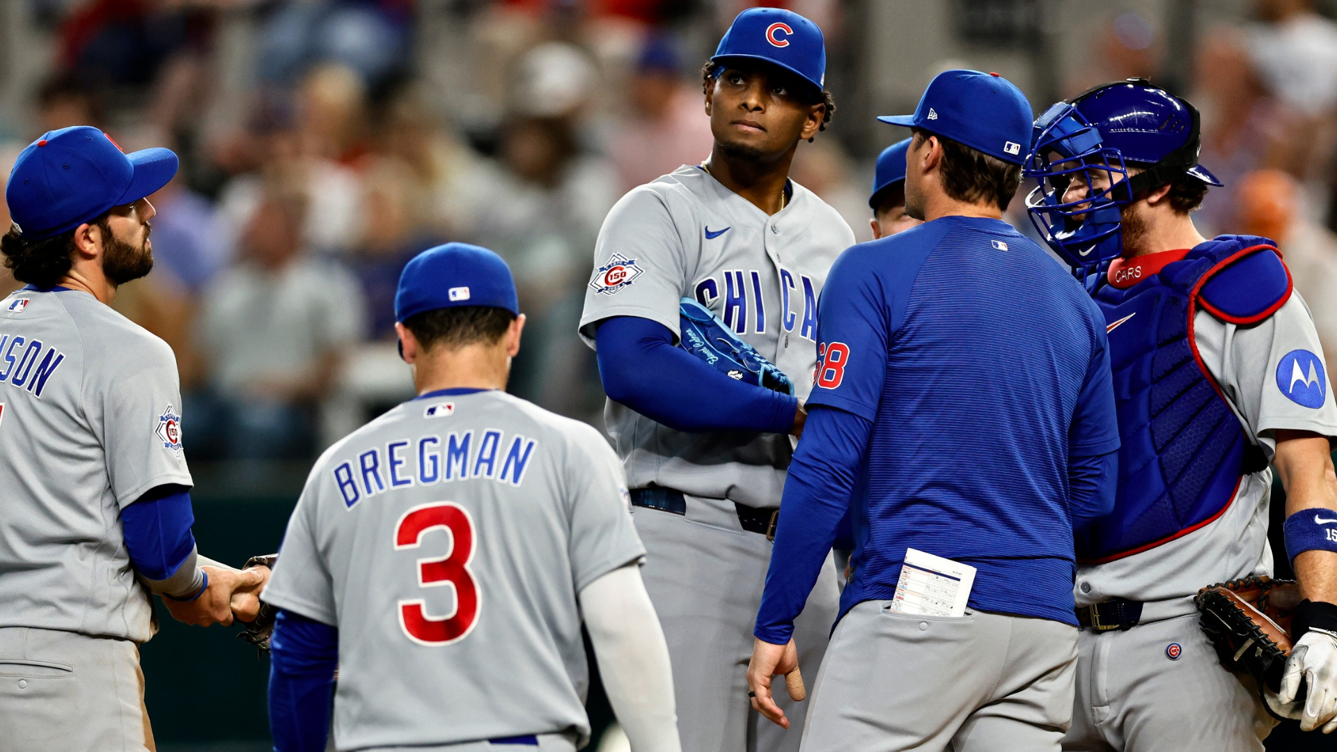 Edward Cabrera #30 of the Chicago Cubs looks on from the mound during the fourth inning against the Texas Rangers at Globe Life Field on May 9, 2026 in Arlington, Texas. (Photo by Ron Jenkins/Getty Images)