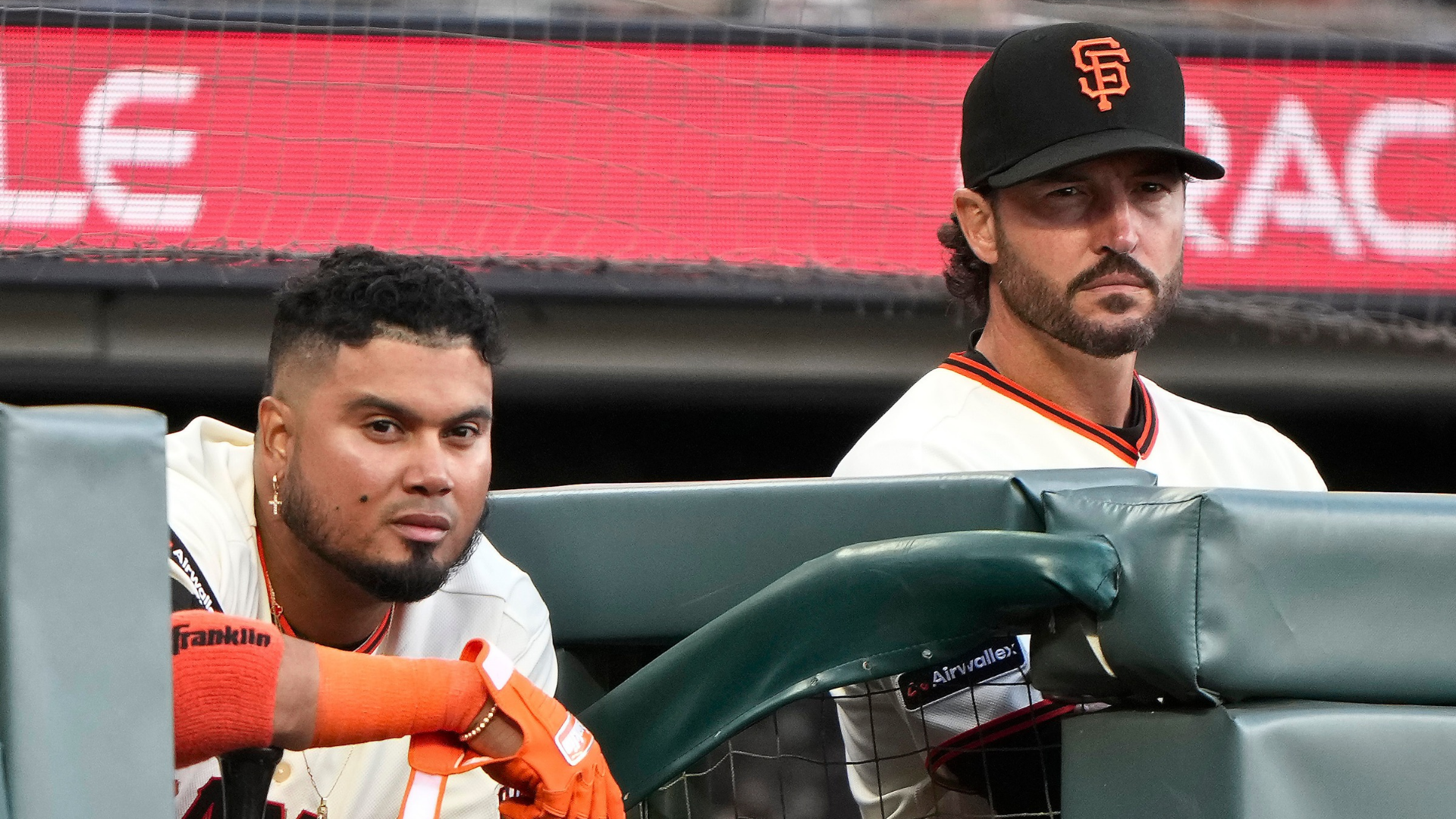 Luis Arraez #1 and manager Tony Vitello of the San Francisco Giants look on against the New York Yankees during the fifth inning on Opening Day at Oracle Park on March 25, 2026 in San Francisco, California. (Photo by Thearon W. Henderson/Getty Images)