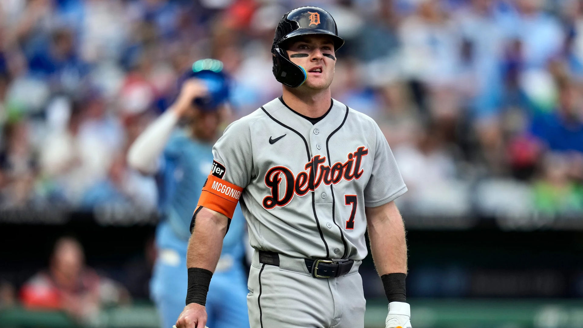 Kevin McGonigle #7 of the Detroit Tigers reacts after being hit by a pitch during the fifth inning against the Kansas City Royals at Kauffman Stadium on May 09, 2026 in Kansas City, Missouri. (Photo by Jay Biggerstaff/Getty Images)