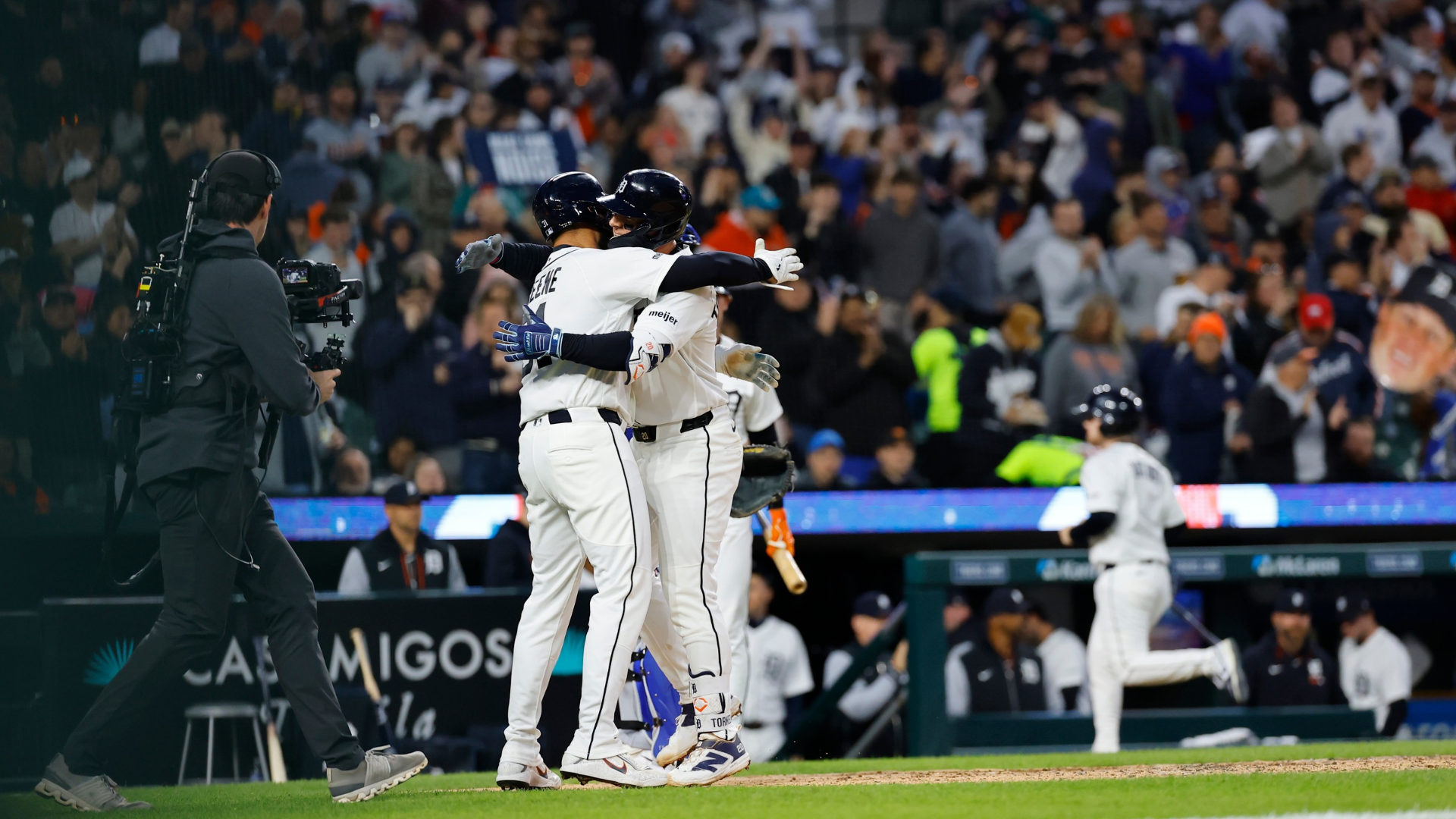 Spencer Torkelson #20 of the Detroit Tigers celebrates his home run with teammate Riley Greene #31 after crossing home plate during the fourth inning against the Texas Rangers at Comerica Park on May 03, 2026 in Detroit, Michigan. (Photo by Rey Del Rio/Getty Images)