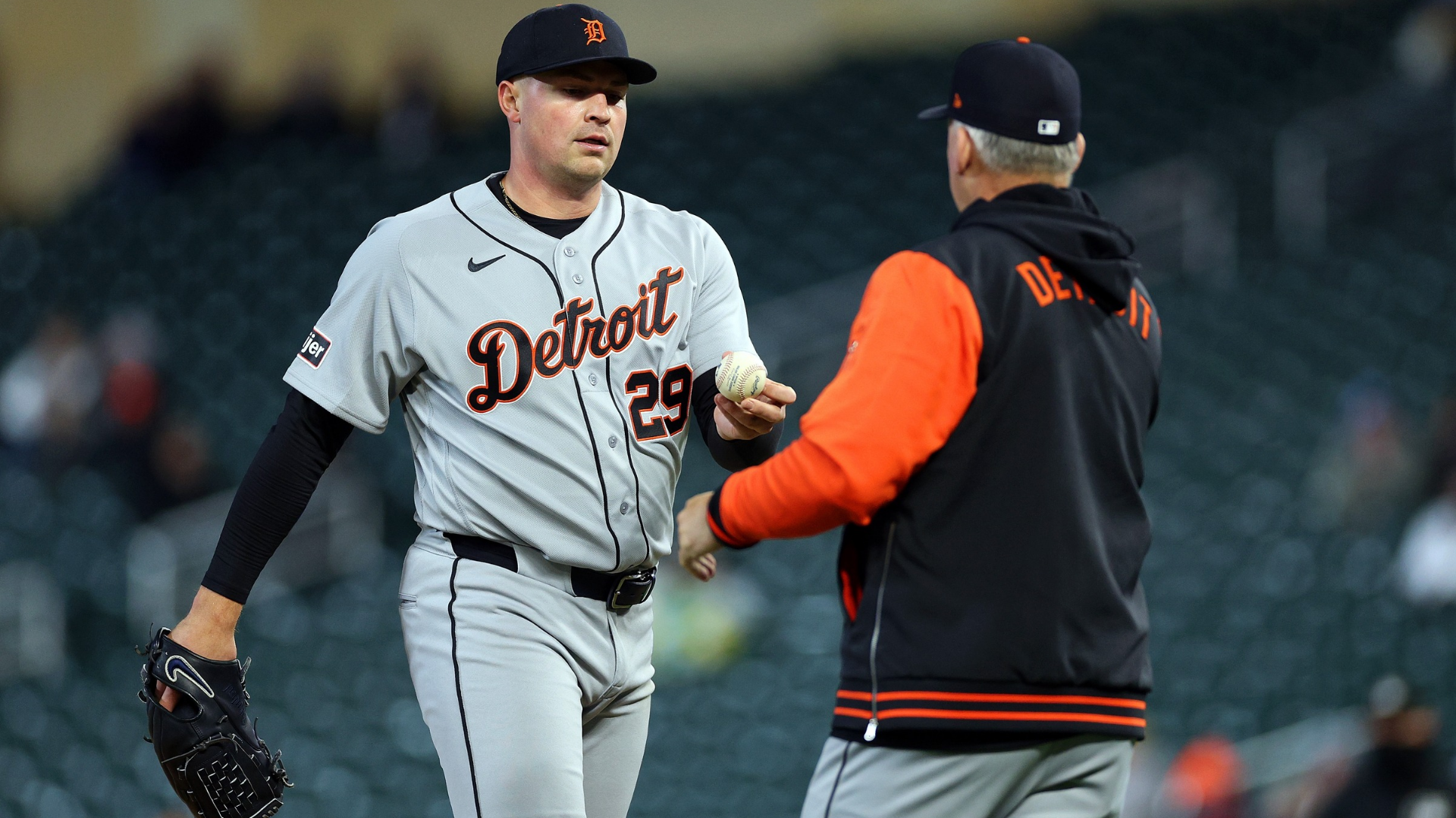 Manager A.J. Hinch #14 of the Detroit Tigers relieves Tarik Skubal #29 from the game against the Minnesota Twins in the fifth inning at Target Field on April 07, 2026 in Minneapolis, Minnesota. The Twins defeated the Tigers 4-2. (Photo by David Berding/Getty Images)