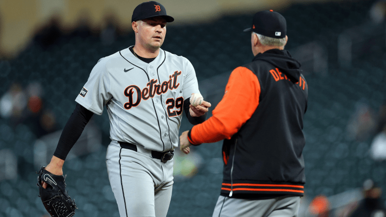 Manager A.J. Hinch #14 of the Detroit Tigers relieves Tarik Skubal #29 from the game against the Minnesota Twins in the fifth inning at Target Field on April 07, 2026 in Minneapolis, Minnesota. The Twins defeated the Tigers 4-2. (Photo by David Berding/Getty Images)