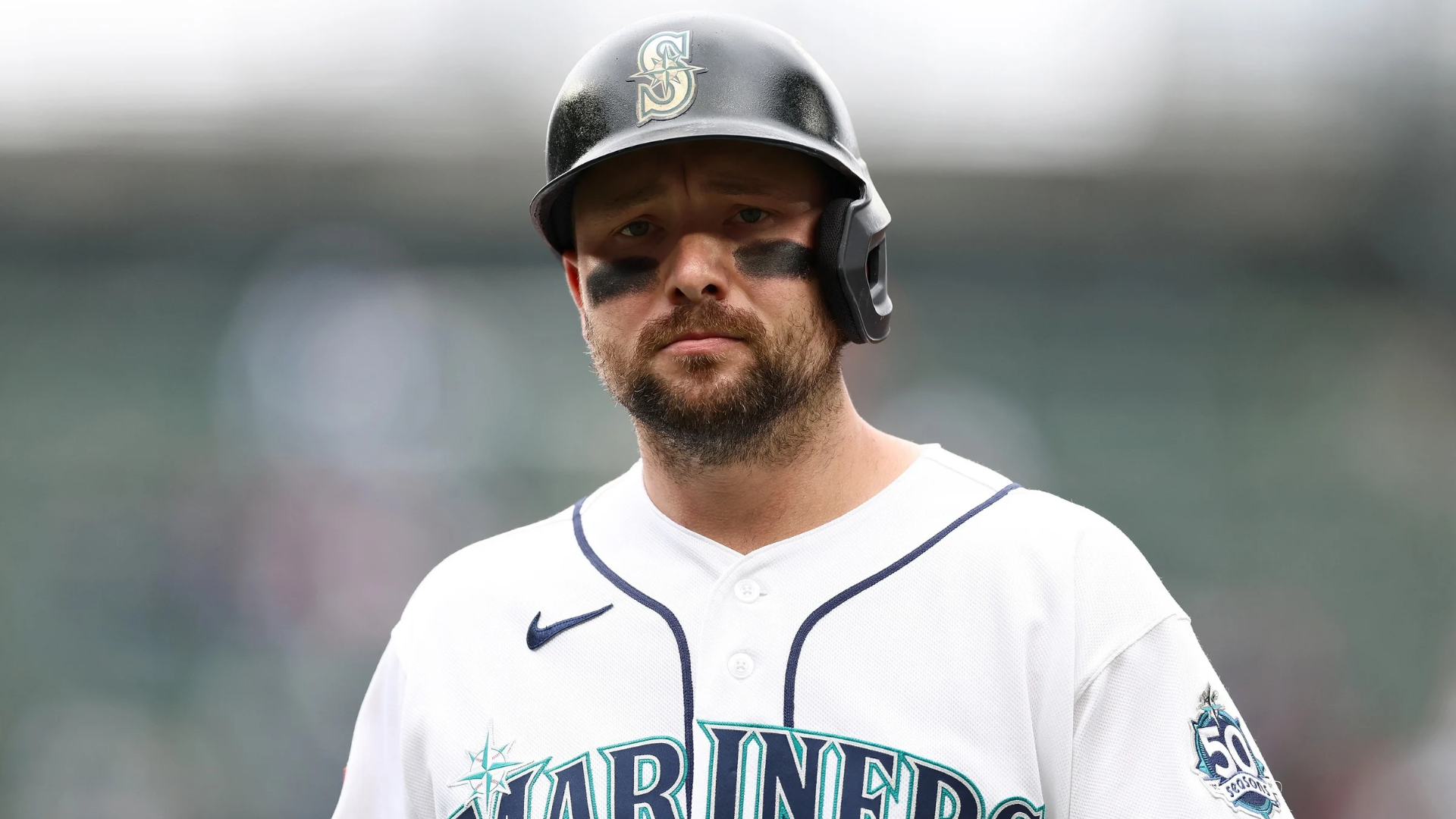 Cal Raleigh #29 of the Seattle Mariners reacts against the Atlanta Braves at T-Mobile Park on May 06, 2026 in Seattle, Washington. (Photo by Steph Chambers/Getty Images)