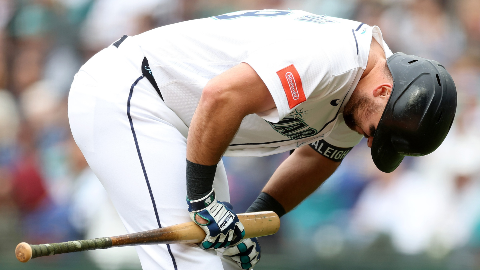 Cal Raleigh #29 of the Seattle Mariners reacts at bat during the sixth inning against the Atlanta Braves at T-Mobile Park on May 06, 2026 in Seattle, Washington. (Photo by Steph Chambers/Getty Images)