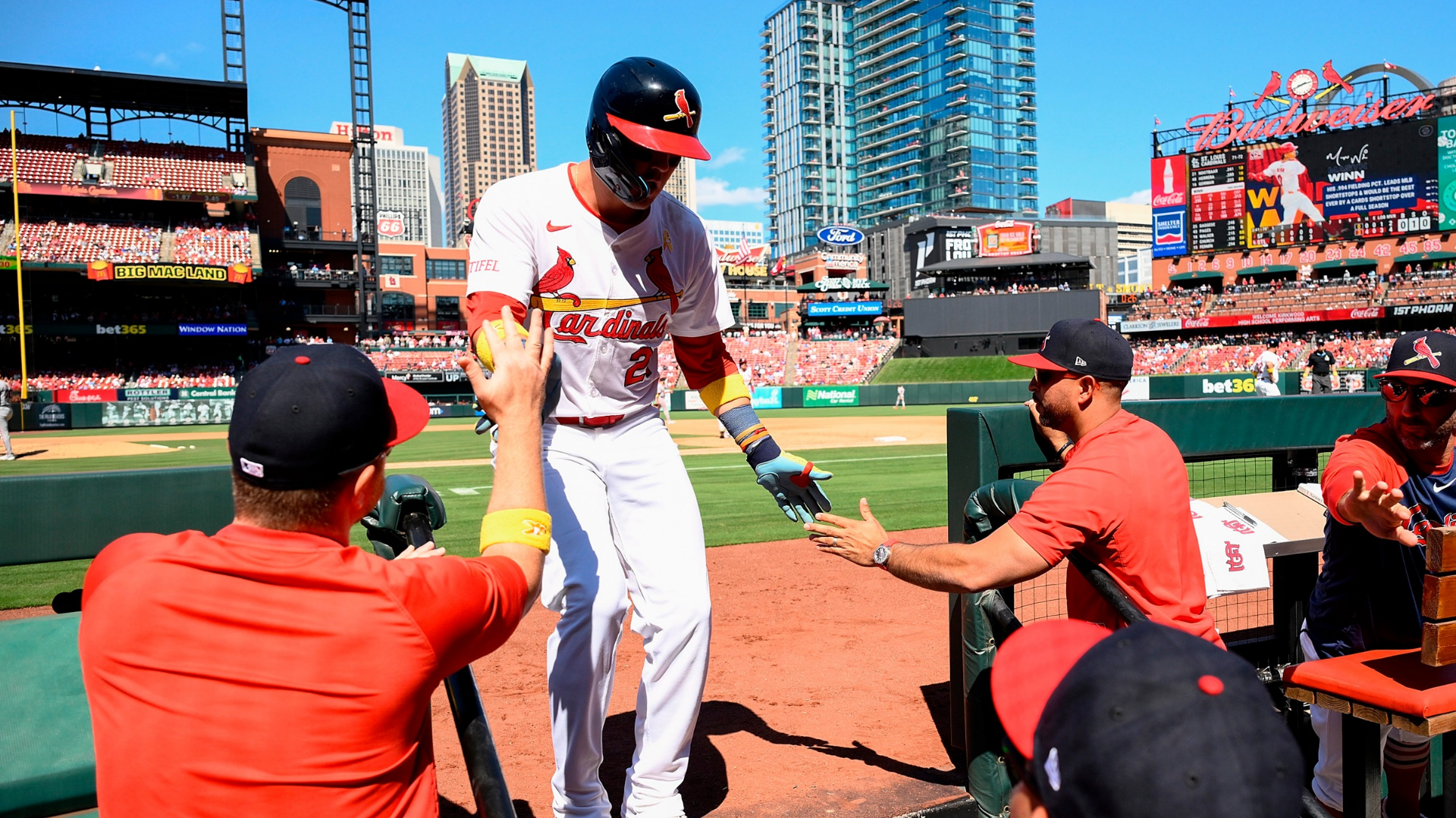 Lars Nootbaar #21 of the St. Louis Cardinals is congratulated by teammates after scoring against the San Francisco Giants during the fifth inning at Busch Stadium on September 7, 2025 in St Louis, Missouri. (Photo by Jeff Le/Getty Images)