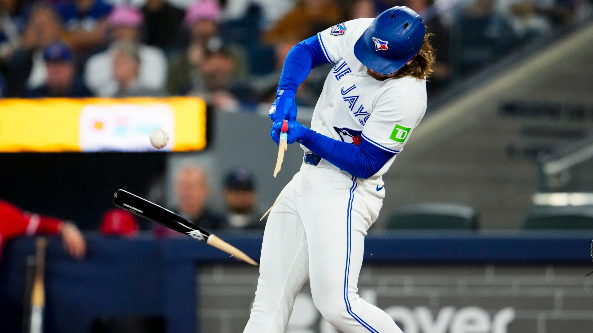 Addison Barger #47 of the Toronto Blue Jays breaks his bat during an at-bat in the first inning against the Los Angeles Angels at Rogers Centre on May 9, 2026 in Toronto, Canada. (Photo by Kevin Sousa/Getty Images)