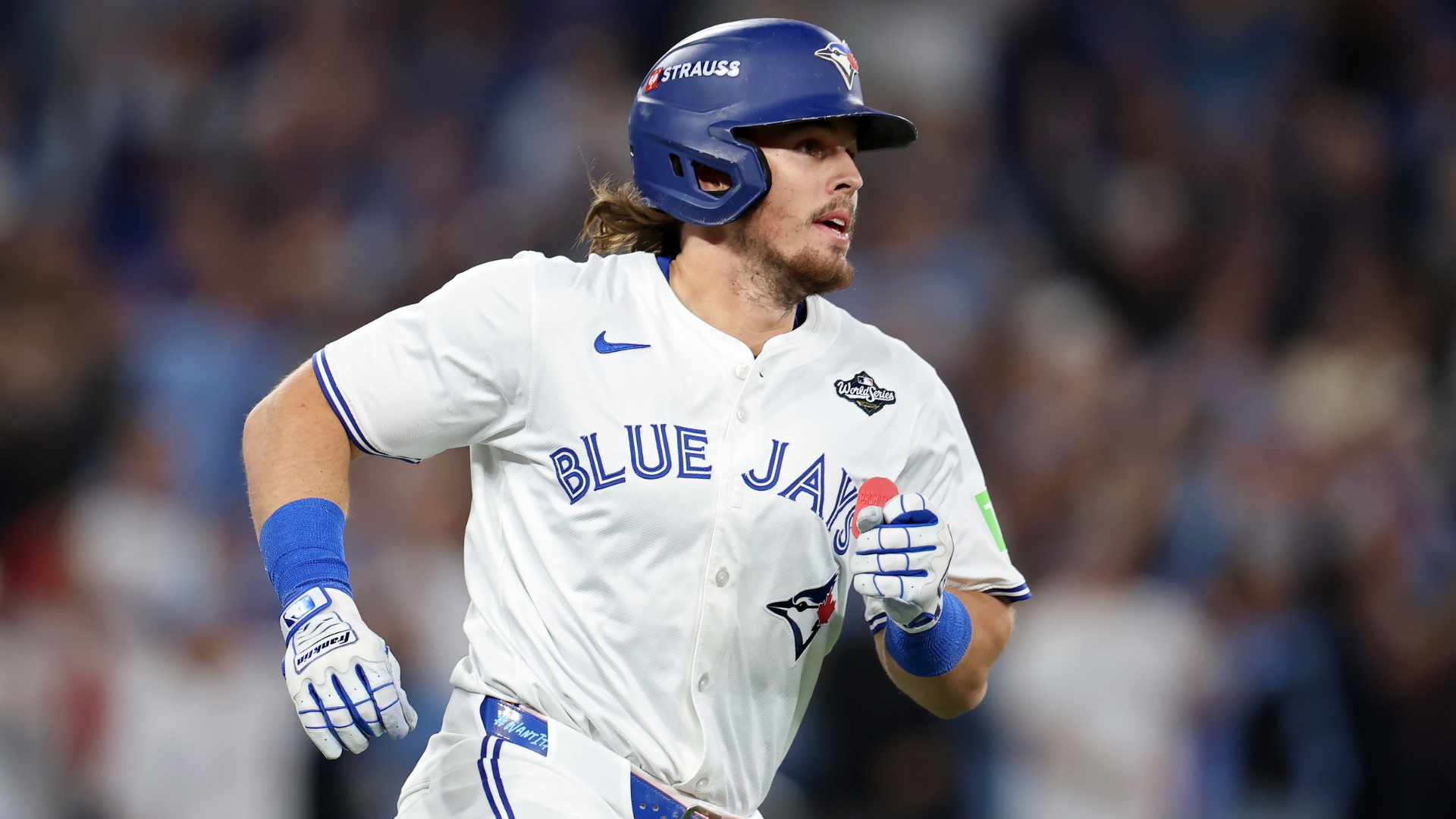 Addison Barger #47 of the Toronto Blue Jays hits a single against Shohei Ohtani #17 of the Los Angeles Dodgers during the second inning in game seven of the 2025 World Series at Rogers Center on November 01, 2025 in Toronto, Ontario. (Photo by Emilee Chinn/Getty Images)