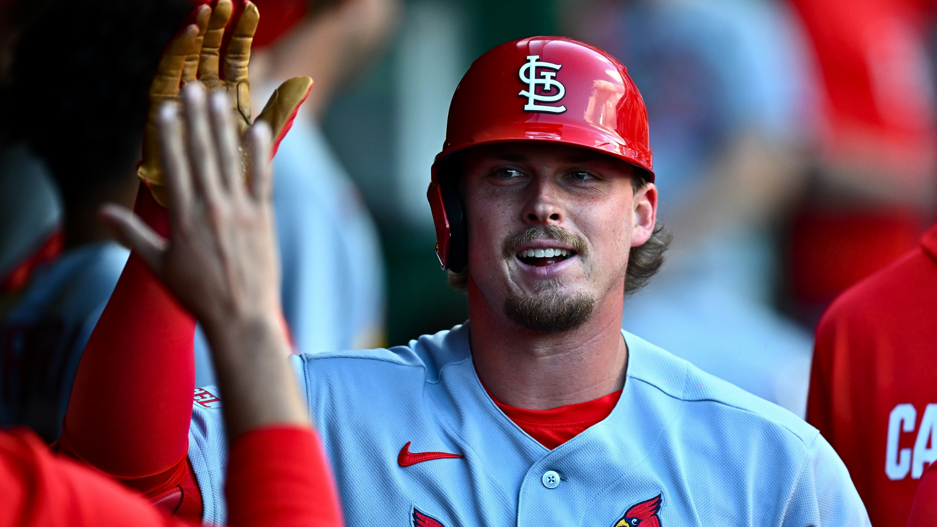 Nolan Gorman #16 of the St. Louis Cardinals celebrates his solo home run with teammates during the second inning against the Pittsburgh Pirates at PNC Park on April 28, 2026 in Pittsburgh, Pennsylvania. (Photo by Joe Sargent/Getty Images)