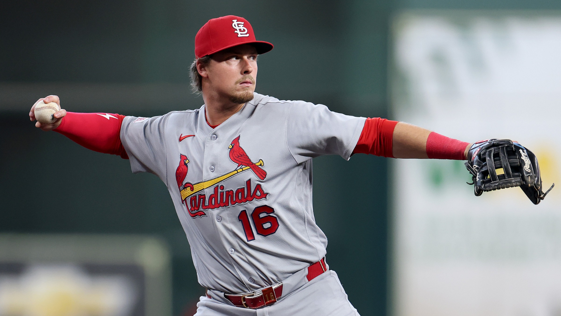 Nolan Gorman #16 of the St. Louis Cardinals in action during the game against the Houston Astros at Daikin Park on April 19, 2026 in Houston, Texas. (Photo by Kenneth Richmond/Getty Images)