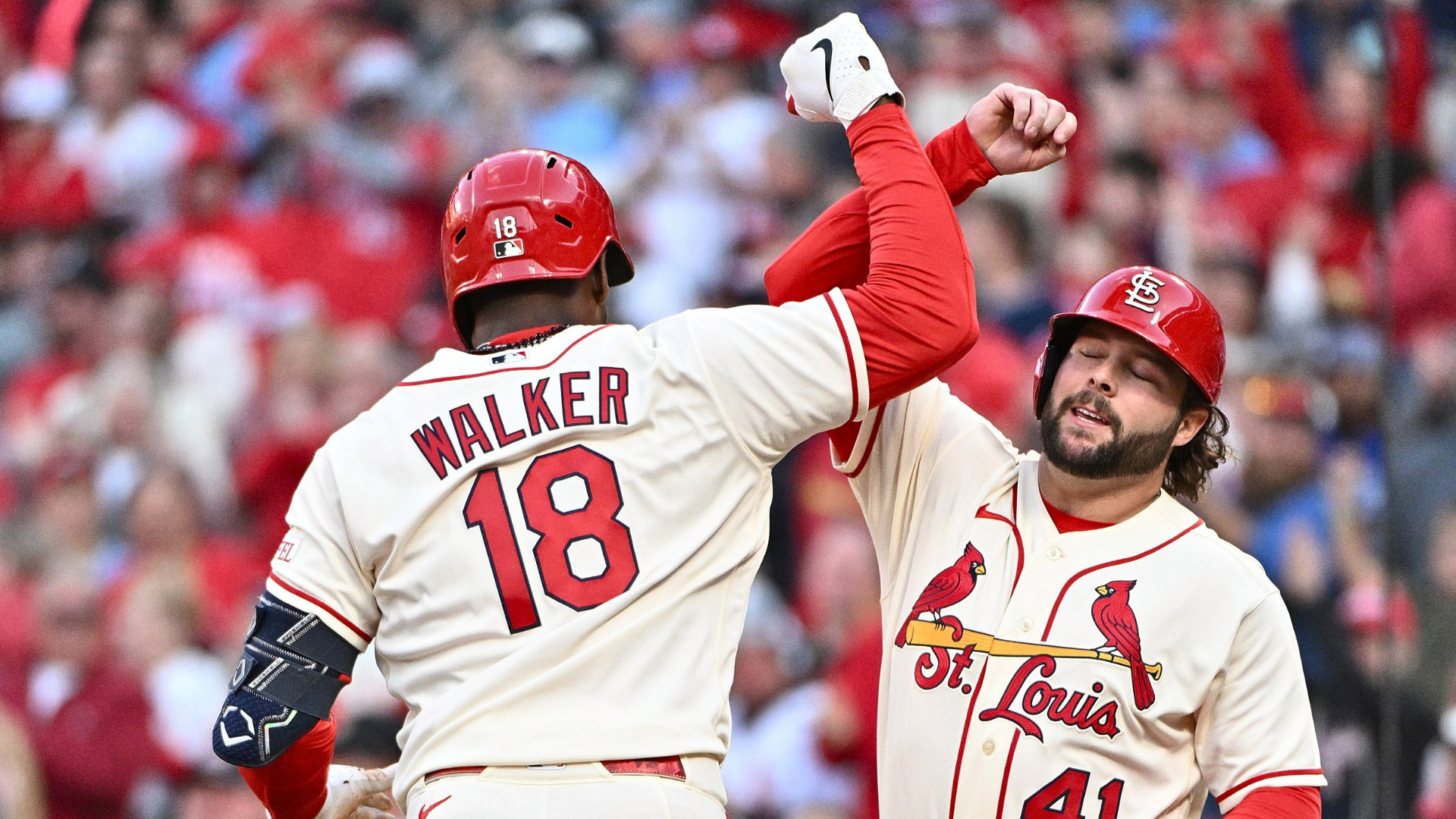 Right fielder Jordan Walker #18 of the St. Louis Cardinals reacts with first baseman Alec Burleson #41 after hitting a two-run home run against the Los Angeles Dodgers during the third inning at Busch Stadium on May 2, 2026 in St Louis, Missouri.