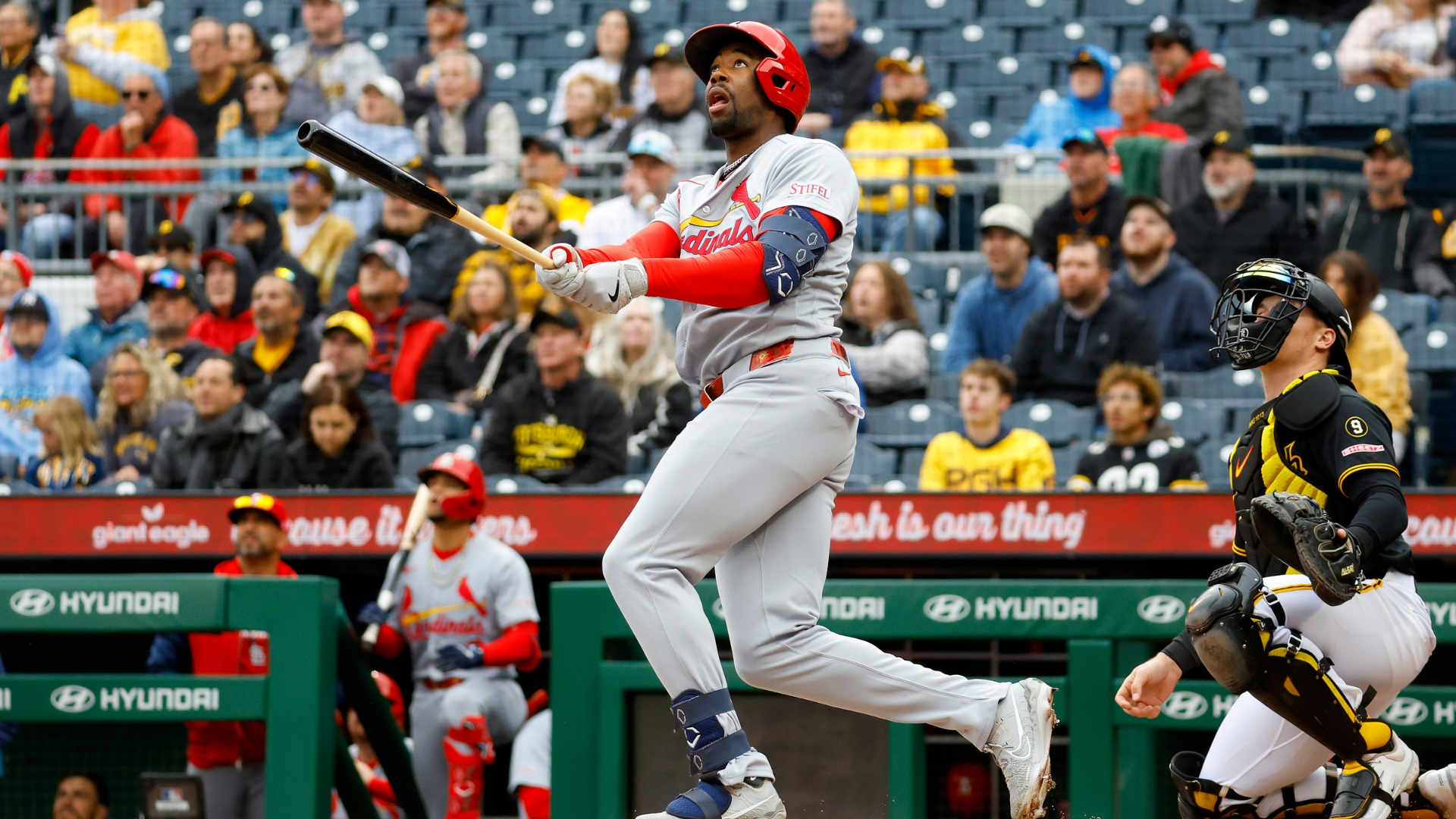 Jordan Walker #18 of the St. Louis Cardinals hits a two run home run in the first inning against the Pittsburgh Pirates at PNC Park on April 30, 2026 in Pittsburgh, Pennsylvania.