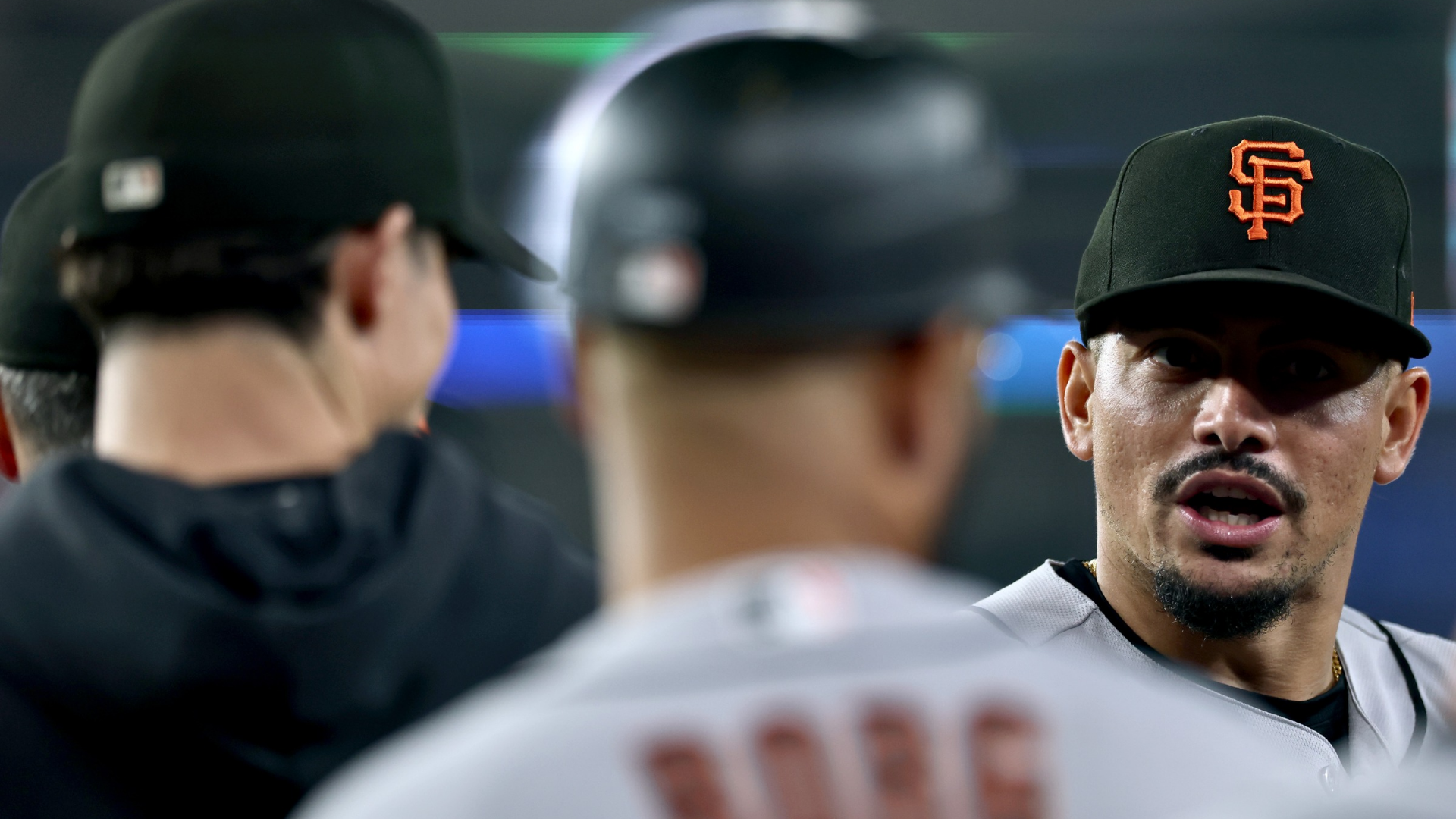 Willy Adames #2 of the San Francisco Giants celebrates a 9-3 win over the Los Angeles Dodgers with teammates at Dodger Stadium on May 11, 2026 in Los Angeles, California. (Photo by Harry How/Getty Images)
