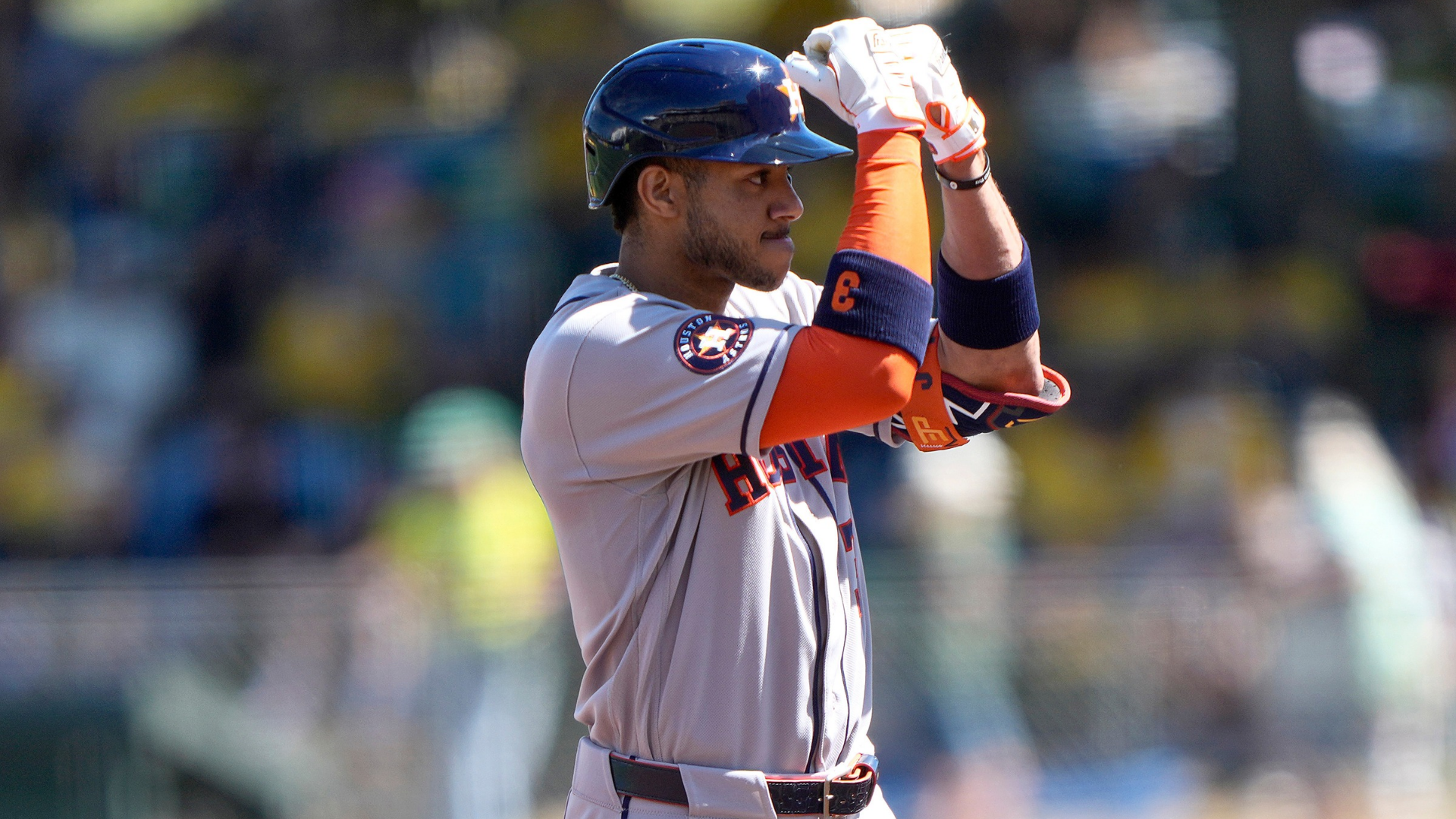 Jeremy Peña #3 of the Houston Astros reacts at second base after hitting a lead-off double against the Athletics in the top of the first inning at Sutter Health Park on April 04, 2026 in Sacramento, California. (Photo by Thearon W. Henderson/Getty Images)