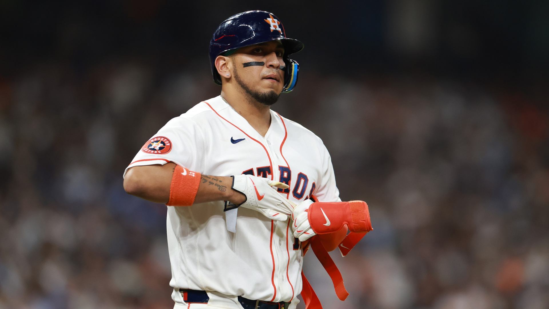 Isaac Paredes #15 of the Houston Astros walks to first base after being hit by a pitch during the sixth inning of the game against the Los Angeles Dodgers at Daikin Park on May 05, 2026 in Houston, Texas. (Photo by Kenneth Richmond/Getty Images)