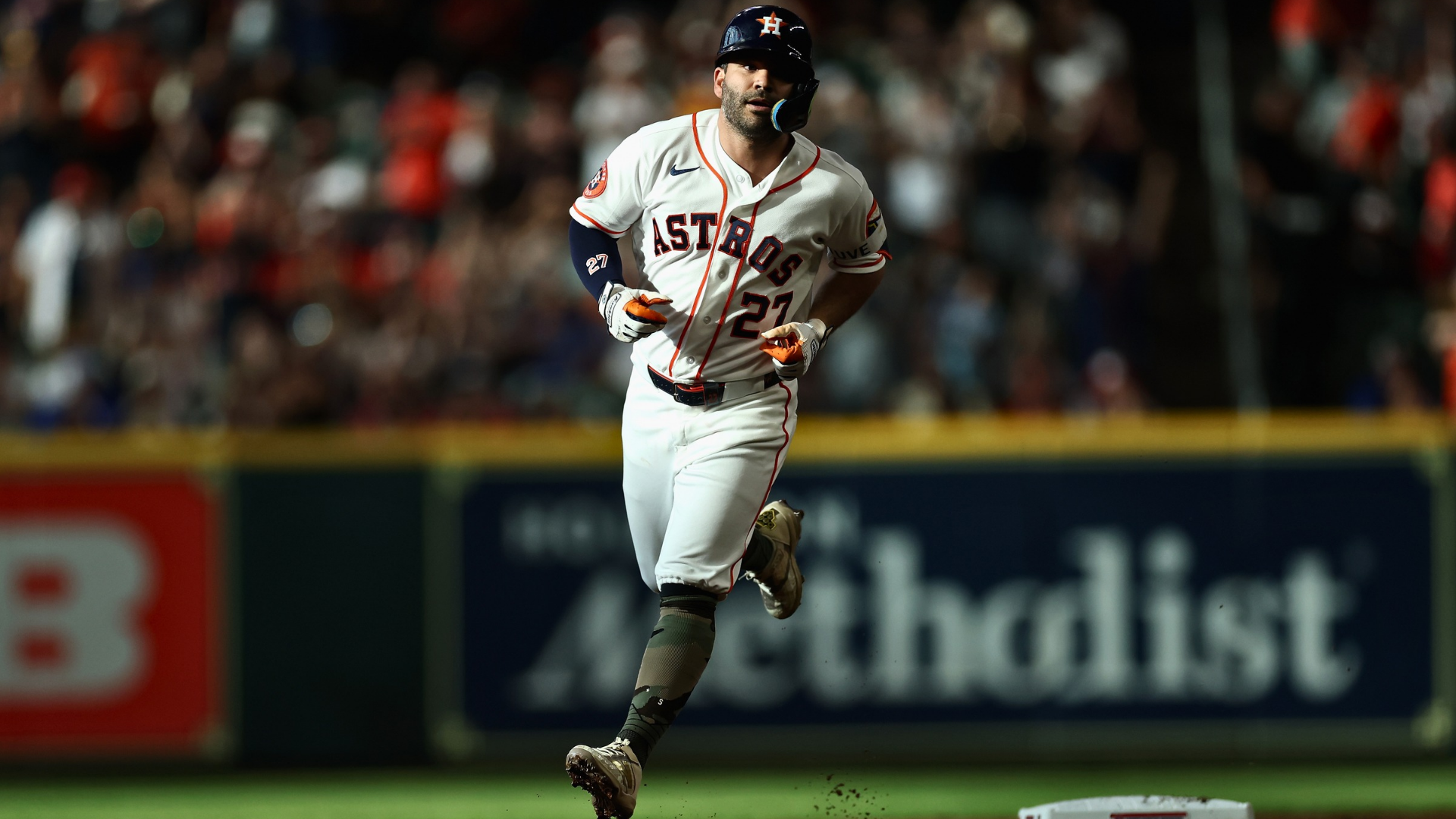 Jose Altuve #27 of the Houston Astros rounds the bases after hitting a home run in the first inning against the Texas Rangers at Daikin Park on May 16, 2026 in Houston, Texas. (Photo by Tim Warner/Getty Images)