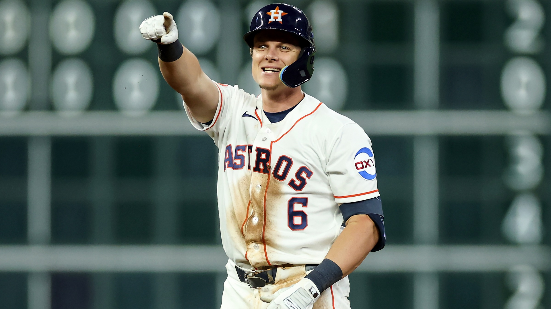 Jake Meyers #6 of the Houston Astros reacts after hitting a two-RBI double in the sixth inning against the Los Angeles Angels at Daikin Park on March 28, 2026 in Houston, Texas. (Photo by Tim Warner/Getty Images)