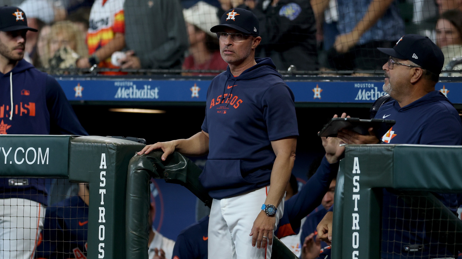 Manager Joe Espada of the Houston Astros looks on from the dugout during the game against the St. Louis Cardinals at Daikin Park on April 19, 2026 in Houston, Texas. (Photo by Kenneth Richmond/Getty Images)