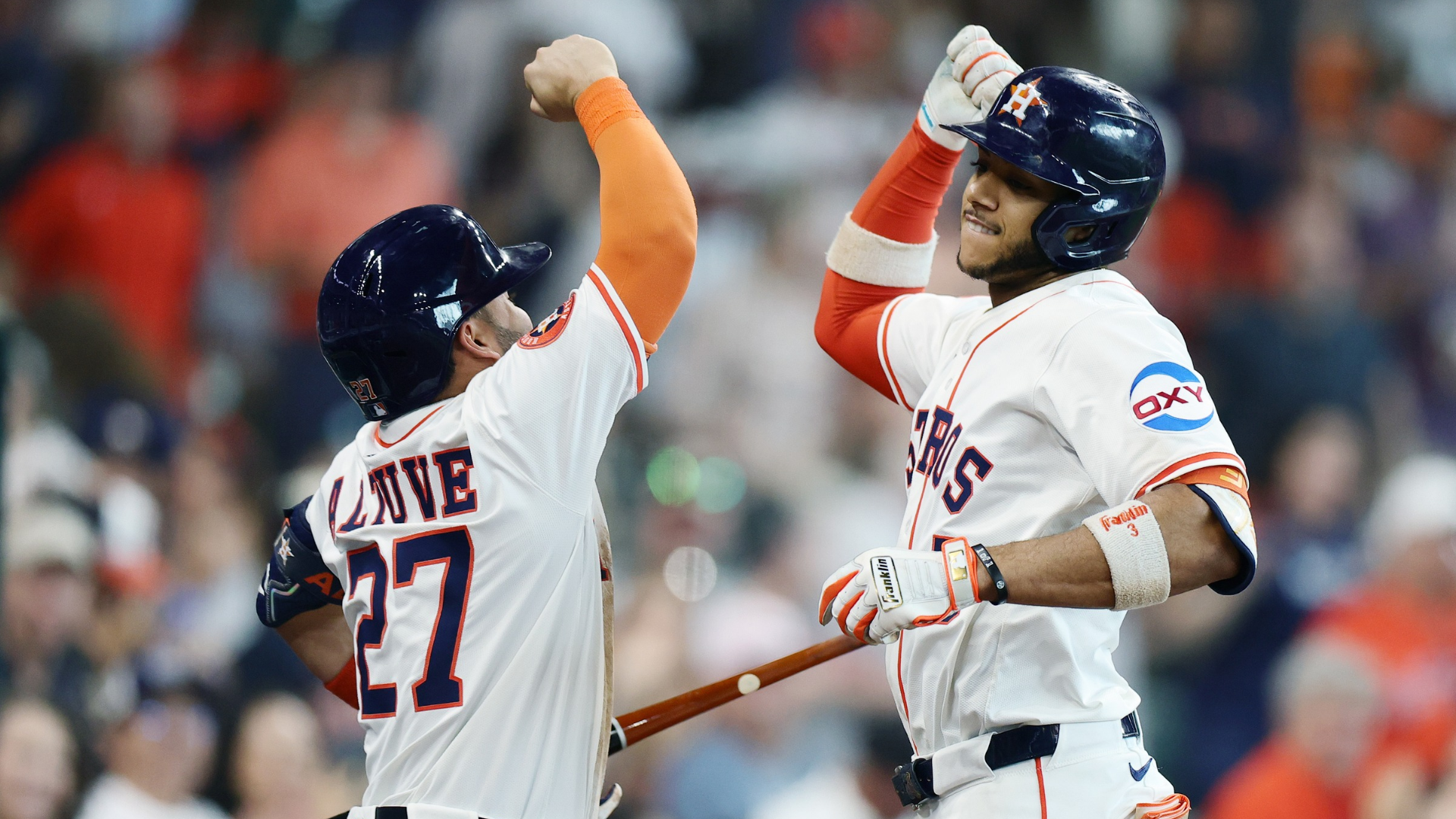 Jeremy Pe&ntilde;a #3 of the Houston Astros celebrates his two run home run with Jose Altuve #27 of the Houston Astros during the third inning against the Tampa Bay Rays after hitting a two run home run during the third inning against the Tampa Bay Rays at Daikin Park on May 31, 2025 in Houston, Texas. (Photo by Alex Slitz/Getty Images)