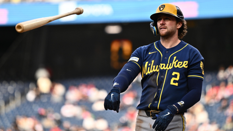 Brice Turang #2 of the Milwaukee Brewers tosses his bat after striking out with the bases loaded to end the eighth inning against the Washington Nationals at Nationals Park on May 02, 2026 in Washington, DC. (Photo by Jamie Sabau/Getty Images)