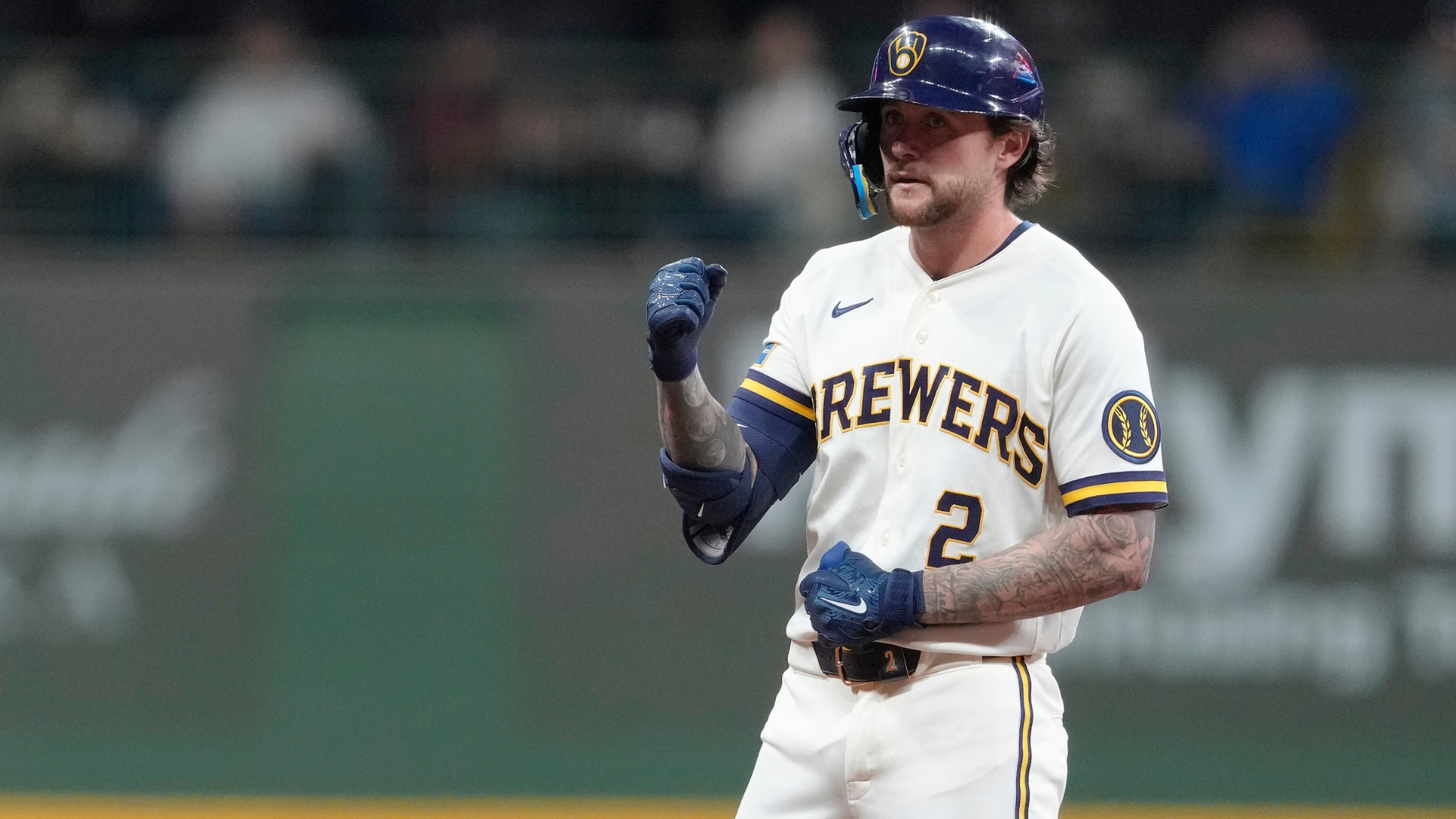 Brice Turang #2 of the Milwaukee Brewers celebrates after hitting a double against the Arizona Diamondbacks during the fifth inning at American Family Field on April 28, 2026 in Milwaukee, Wisconsin. (Photo by Patrick McDermott/Getty Images)