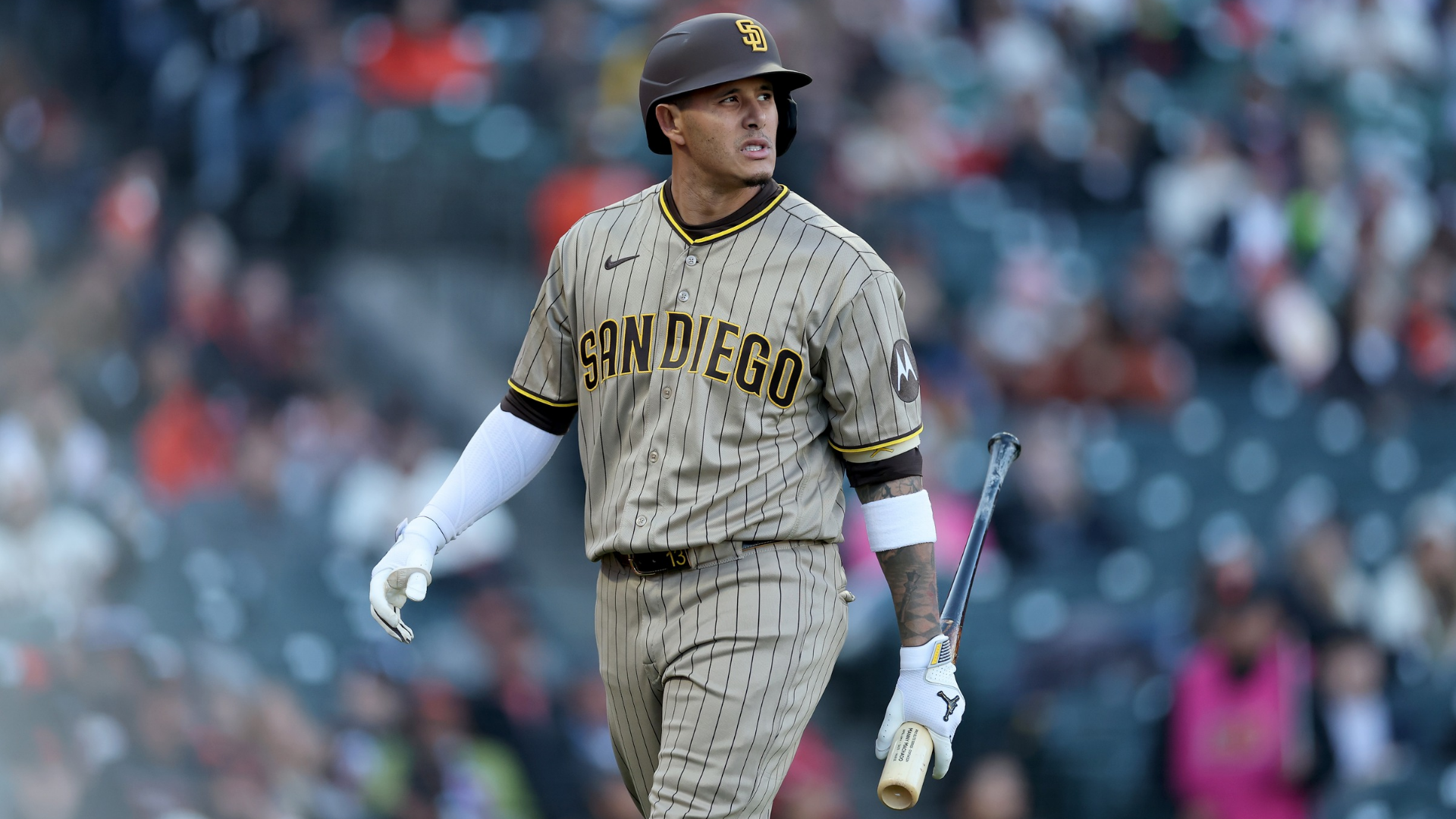 Manny Machado #13 of the San Diego Padres walks back to the dugout after striking out against the San Francisco Giants at Oracle Park on May 05, 2026 in San Francisco, California. (Photo by Ezra Shaw/Getty Images)