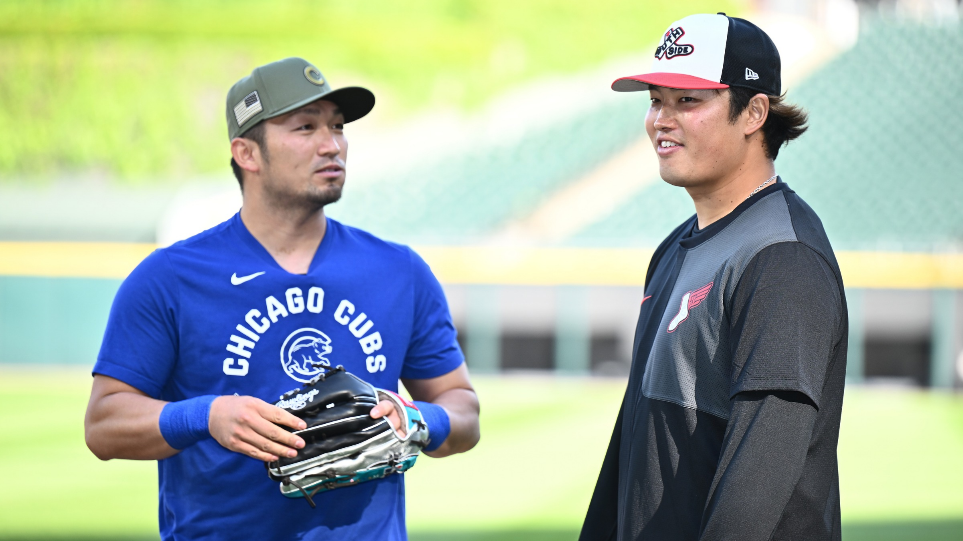 Seiya Suzuki #27 of the Chicago Cubs and Munetaka Murakami #5 of the Chicago White Sox talk prior to the game at Rate Field on May 15, 2026 in Chicago, Illinois. (Photo by Daniel Bartel/Getty Images)