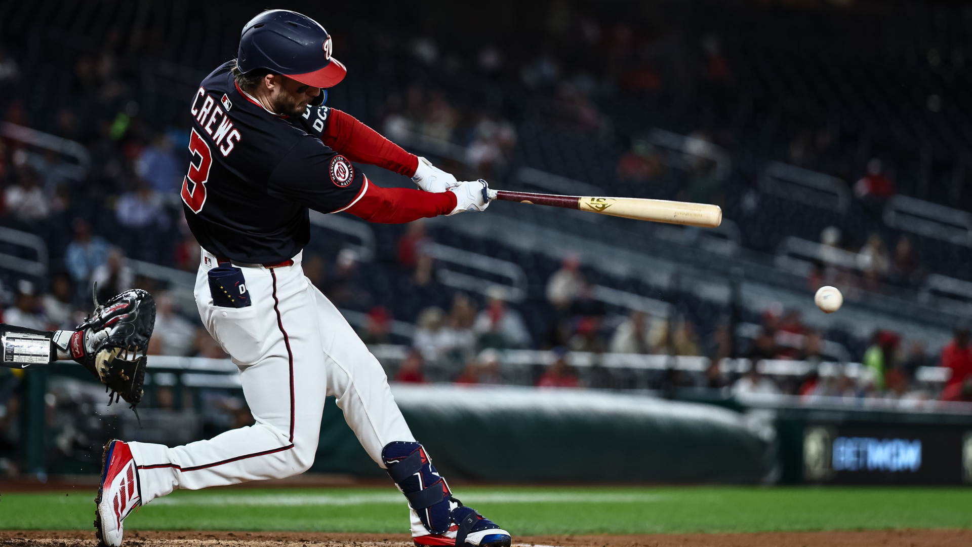 Dylan Crews #3 of the Washington Nationals doubles against the Miami Marlins during the sixth inning at Nationals Park on September 2, 2025 in Washington, DC. (Photo by Scott Taetsch/Getty Images)