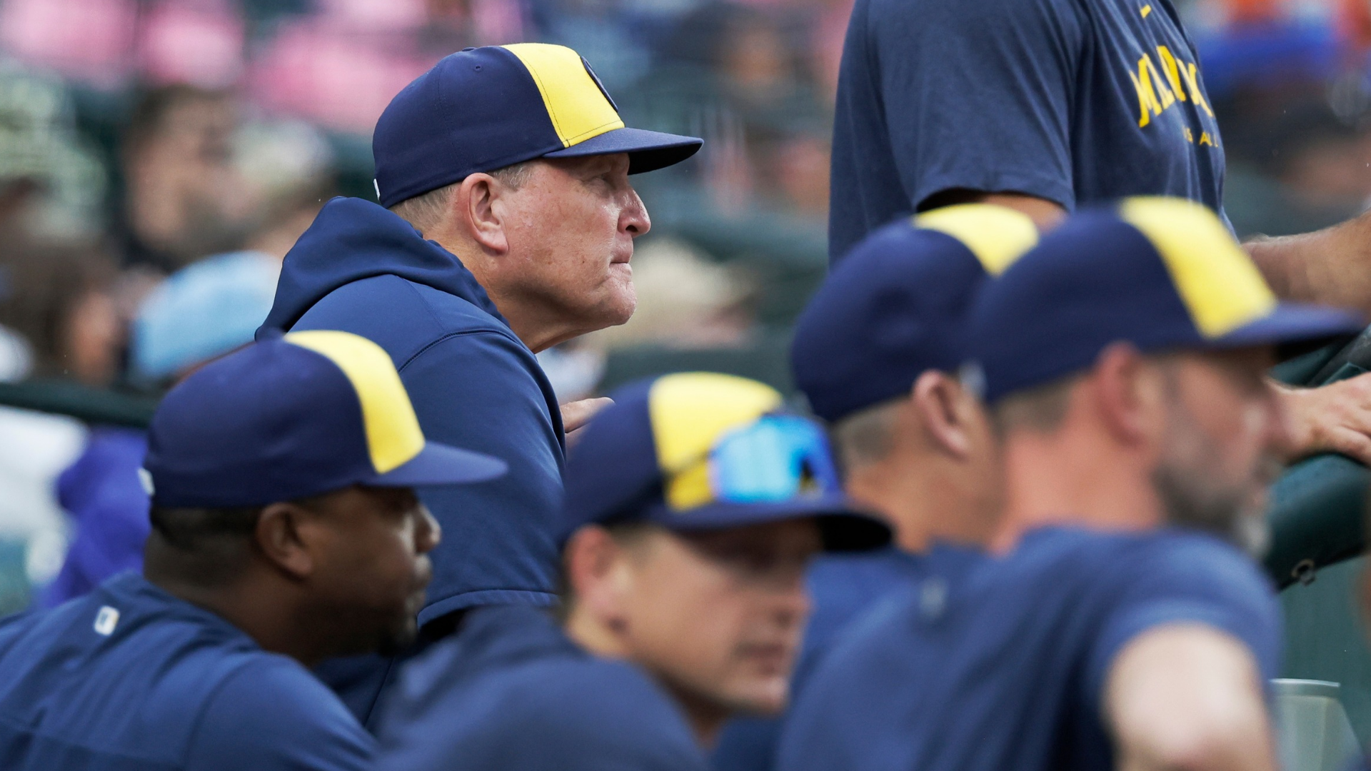 Manager Pat Murphy #21 of the Milwaukee Brewers watches from the dugout during their game against the Detroit Tigers at Comerica Park on June 8, 2024 in Detroit, Michigan. (Photo by Duane Burleson/Getty Images)