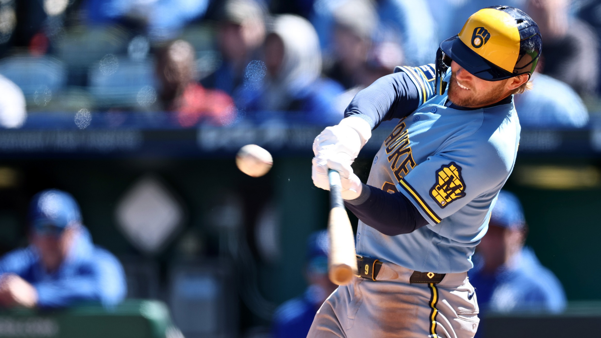 Jake Bauers #9 of the Milwaukee Brewers connects during game one of a doubleheader against the Kansas City Royals at Kauffman Stadium on April 04, 2026 in Kansas City, Missouri. (Photo by Jamie Squire/Getty Images)