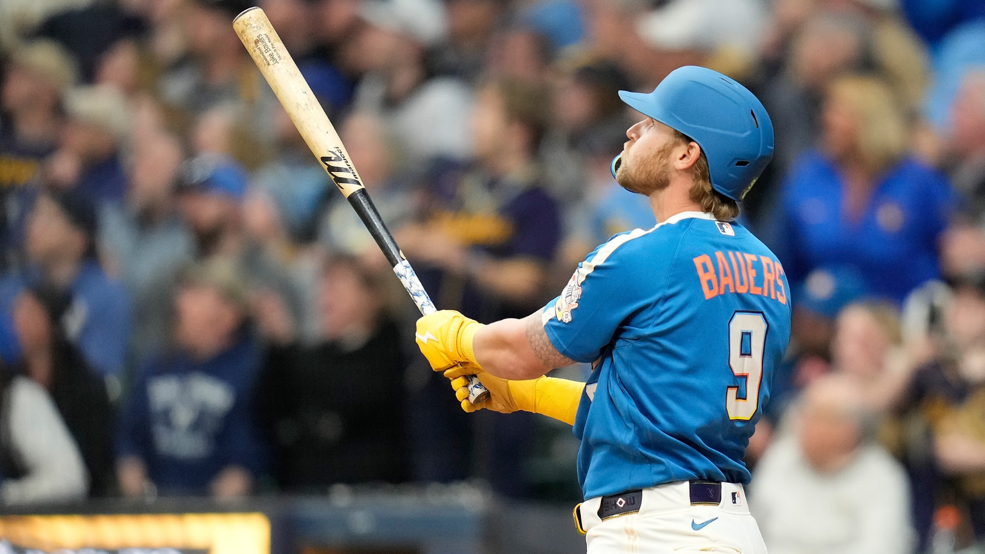 Jake Bauers #9 of the Milwaukee Brewers watches his three-run home run in the first inning against the Washington Nationals at American Family Field on April 10, 2026 in Milwaukee, Wisconsin. (Photo by John Fisher/Getty Images)