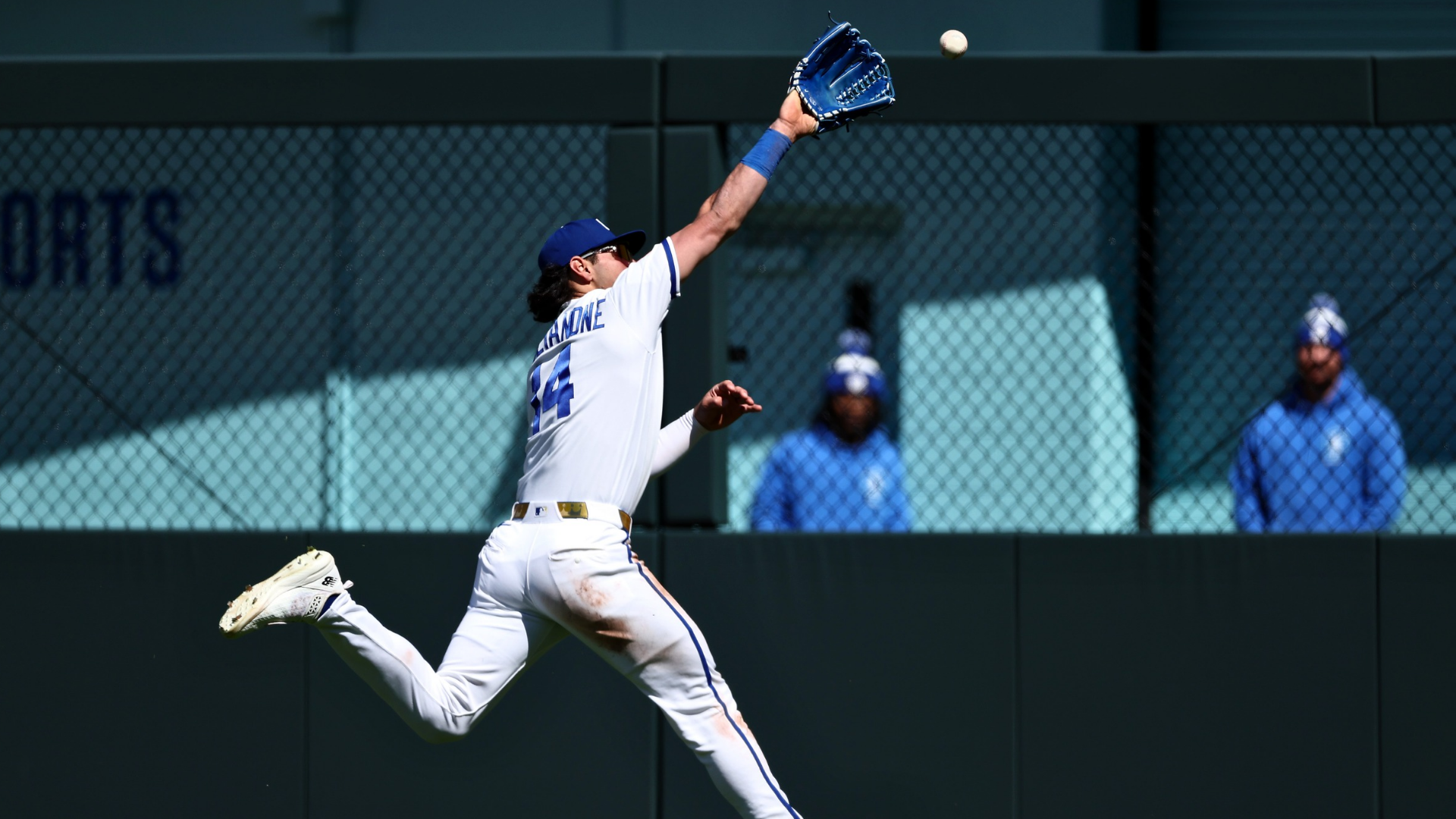 Right fielder Jac Caglianone #14 of the Kansas City Royals chases a fly ball during game one of a doubleheader against the Milwaukee Brewers at Kauffman Stadium on April 04, 2026 in Kansas City, Missouri. (Photo by Jamie Squire/Getty Images)