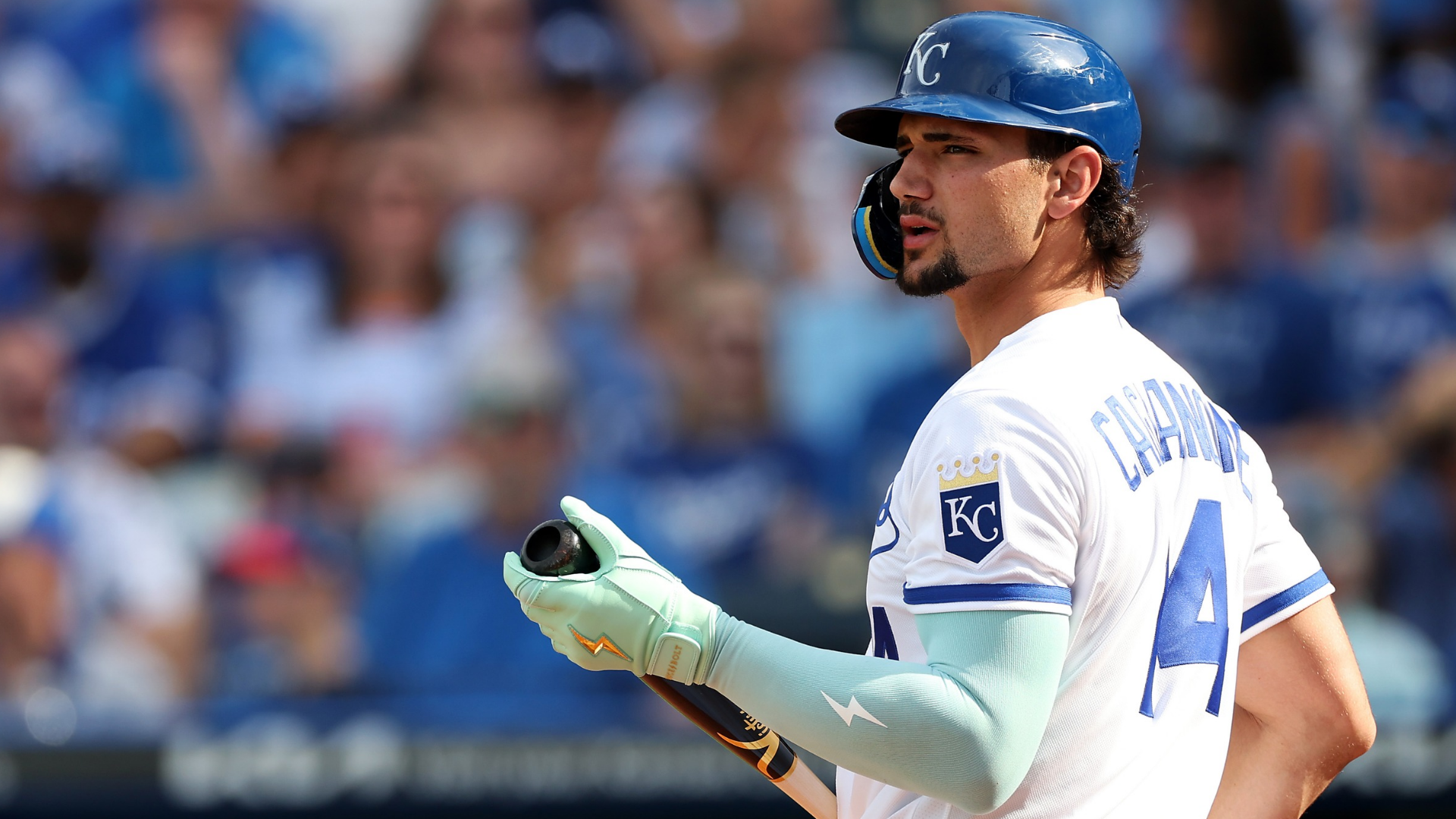 Right fielder Jac Caglianone #14 of the Kansas City Royals bats during the opening day game against the Minnesota Twins at Kauffman Stadium on March 30, 2026 in Kansas City, Missouri. (Photo by Jamie Squire/Getty Images)