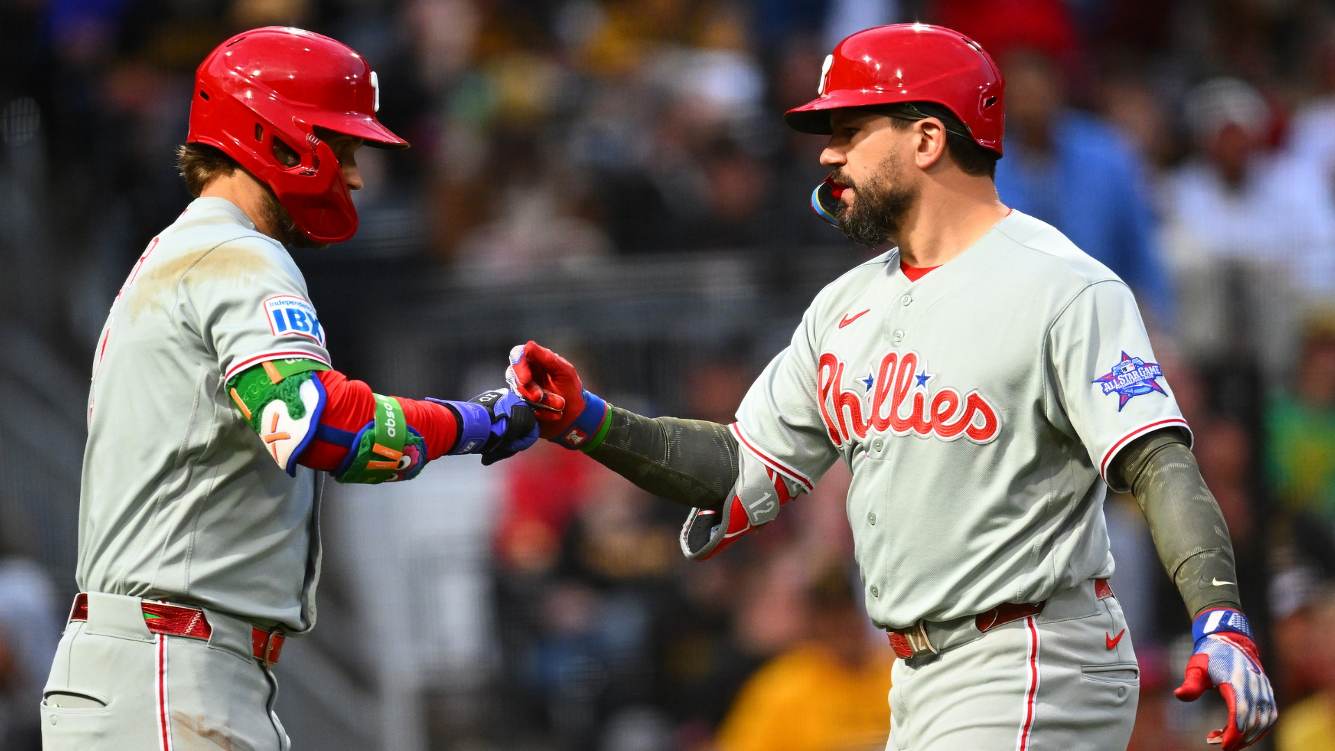 Kyle Schwarber #12 celebrates with Bryce Harper #3 of the Philadelphia Phillies after hitting a two-run home run during the fifth inning against the Pittsburgh Pirates at PNC Park on May 15, 2026 in Pittsburgh, Pennsylvania. (Photo by Joe Sargent/Getty Images)