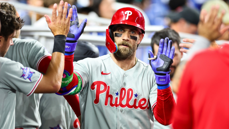 Bryce Harper #3 of the Philadelphia Phillies celebrates with teammates after hitting a home run against the Miami Marlins in the third inning of the game at loanDepot park on May 04, 2026 in Miami, Florida. (Photo by Megan Briggs/Getty Images)